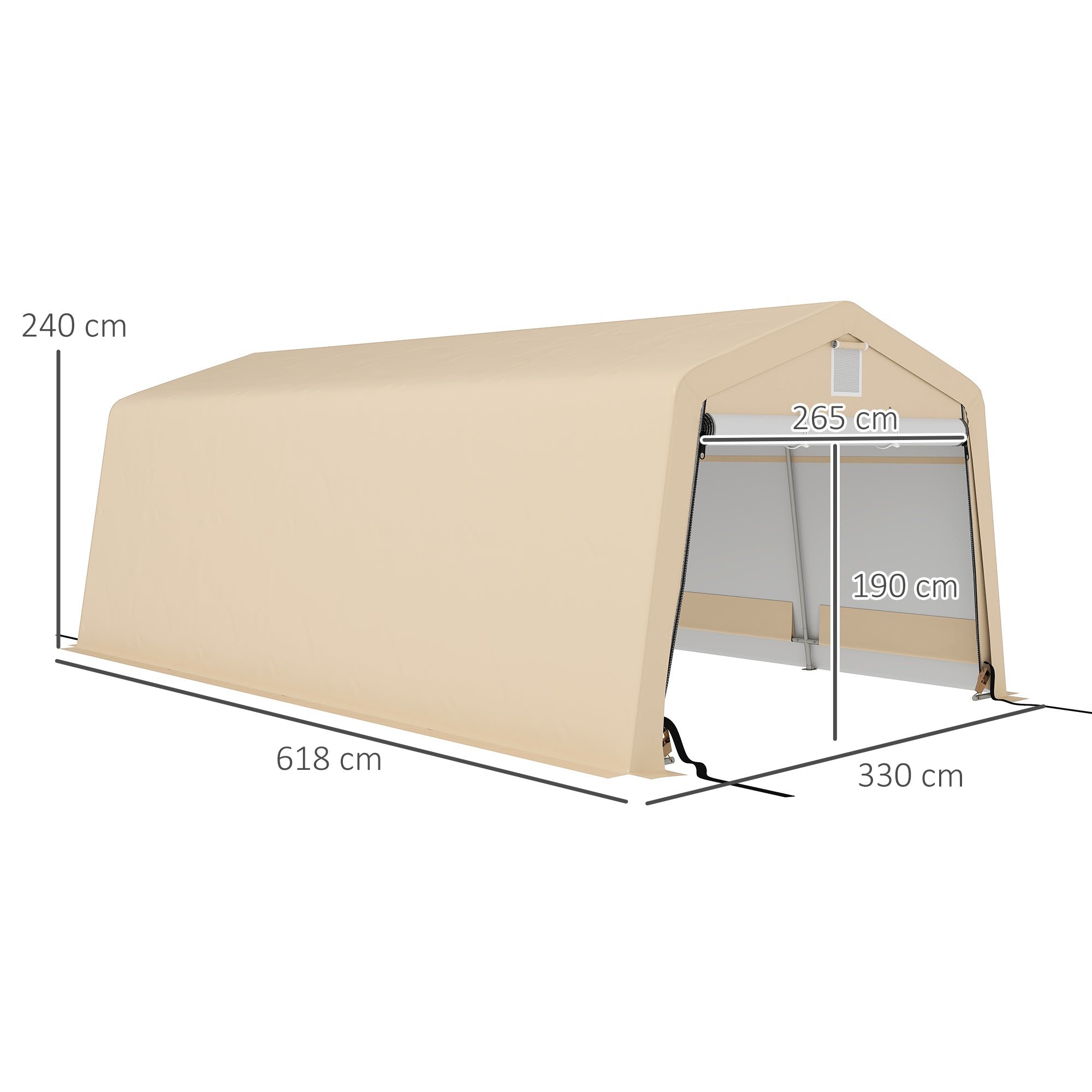 Outsunny Autotalli Teltta 6,2L x 3,3W x 2,4H m Kestävä Galvanoitu Teräs Korkea Tiheys 150 g/m² PE Vesitiivis Anti-UV, 1 Khaki Ovi ja 2 Ilmanvaihtoa