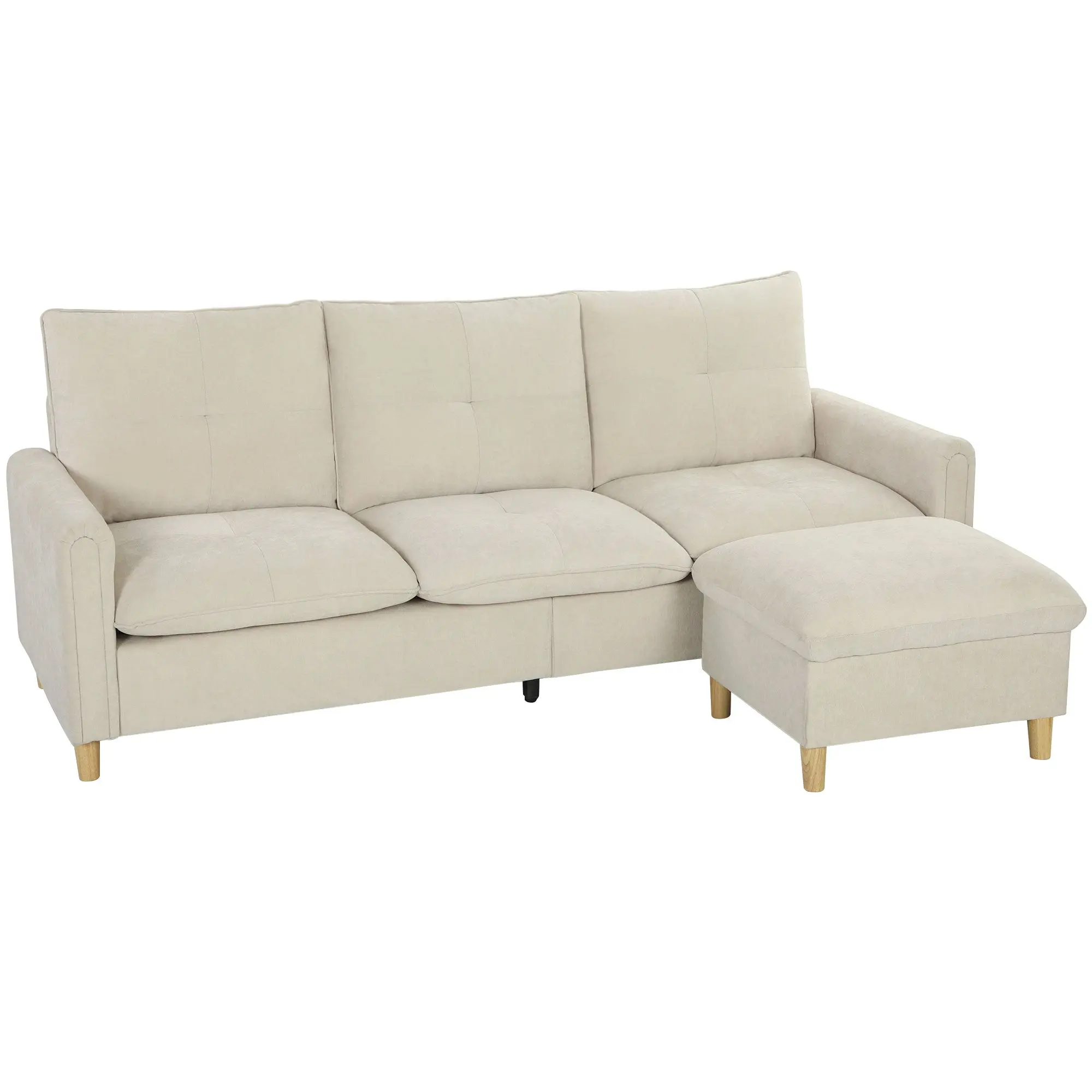 3-Seater Modular Sofa with Storage Ottoman, 82.7" Modern Linen-Look Couch, Cushioned Seats with Pocket Springs, Rubberwood Legs, Cream