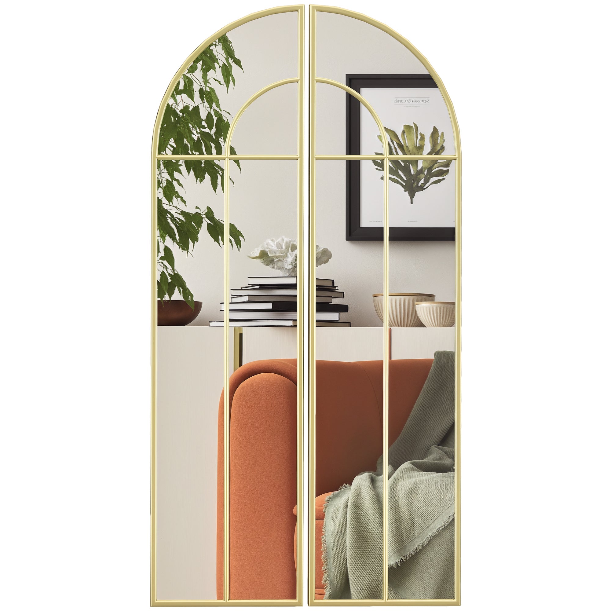 HOMCOM Dekorativer Wandspiegel 2 Teile 30x120 cm Fenster Spiegel mit Bogen Design und Metallrahmen für Wohnzimmer Schlafzimmer Eingangsbereich Gold