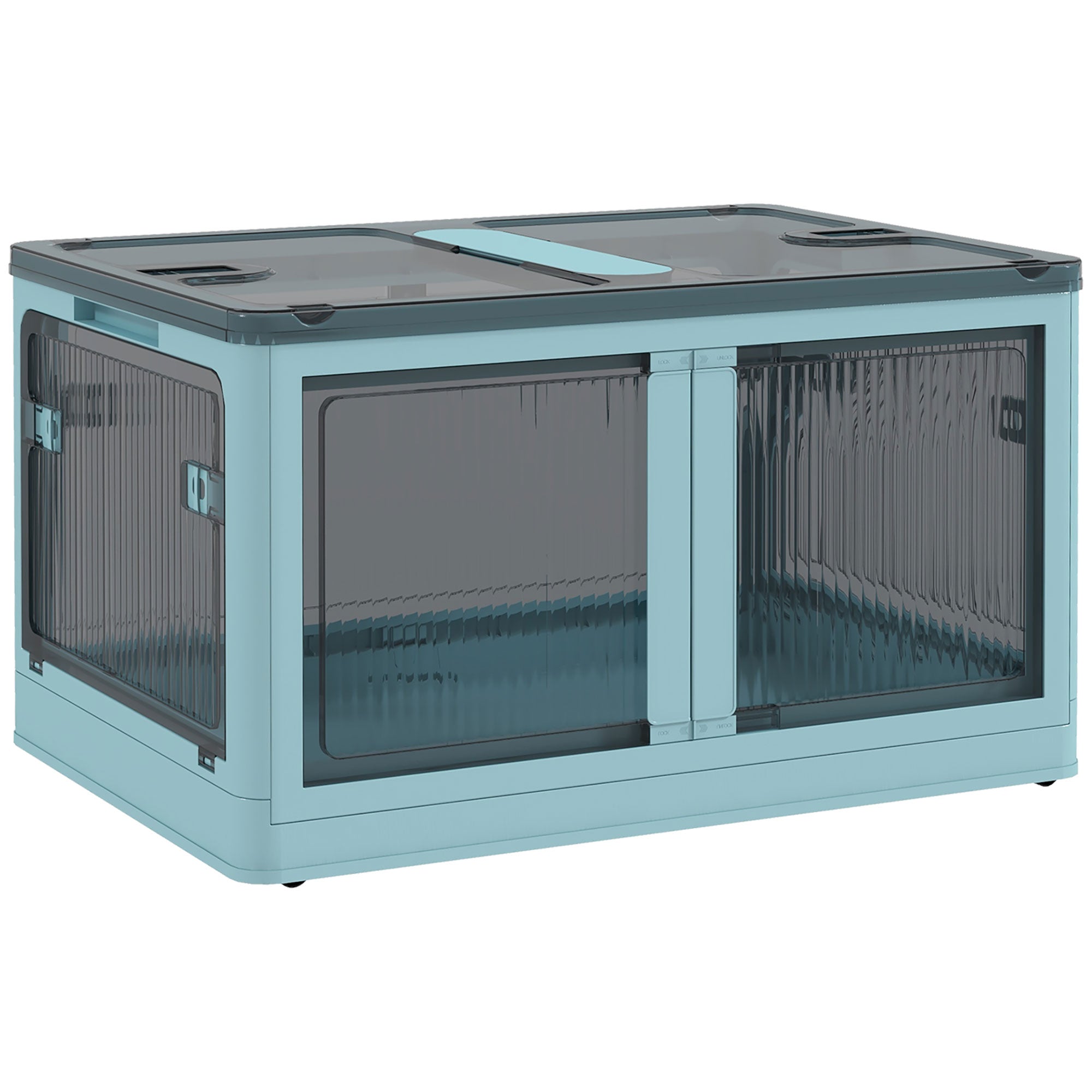 HOMCOM Stabelbar Opbevaringsboks med Låg 69L Foldbar Organizerboks med Hjul Plastbeholder med 5-sidet Adgang 60x42x34 cm Blå