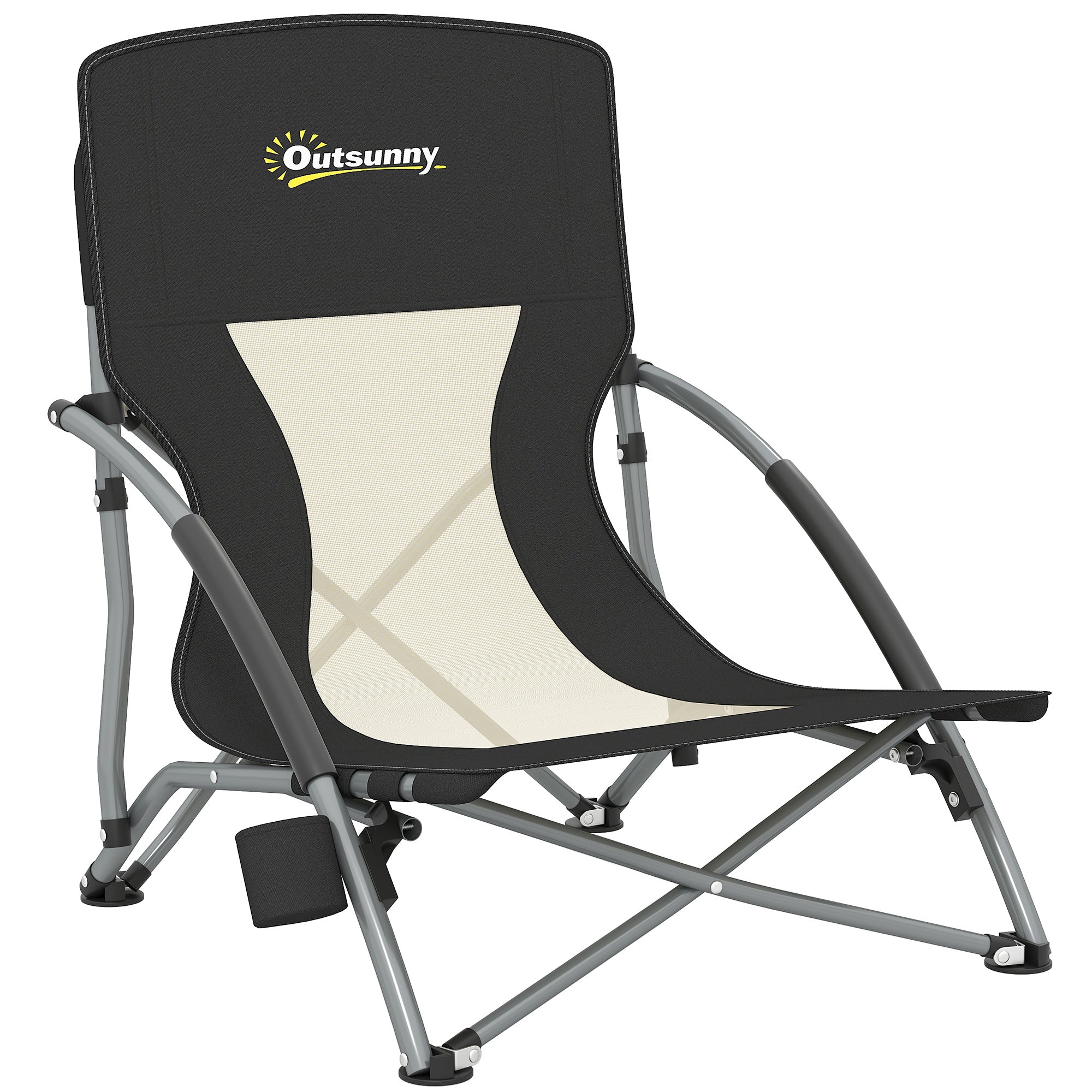 Outsunny Opvouwbare Strandstoel, Lichtgewicht Campingstoel 2,2 kg, met Mesh Rugleuning, Draagtas en Bekerhouder voor Tuin, Picknick, Festival, Reizen, Zwart