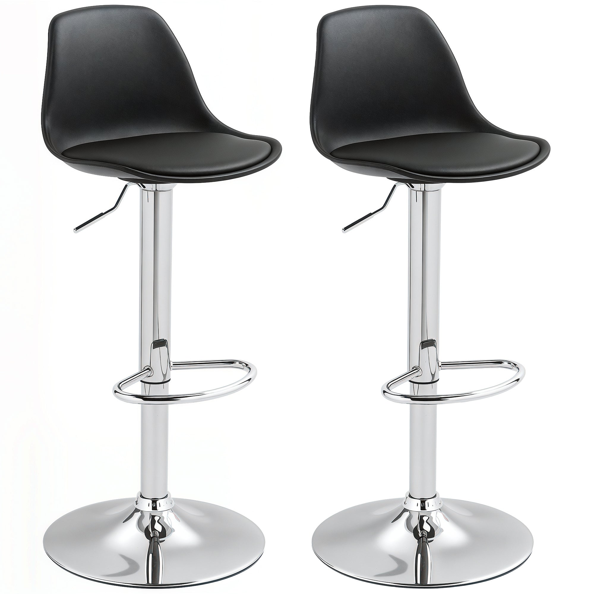 Bar Stool Set of 2, Upholstered Bar Chair with Steel Frame, Backrest, Height Adjustable Kitchen Chairs with Footrest 360° Swivel Counter Stools for Kitchen, Living Room, Dining Room, Faux Leather Black
