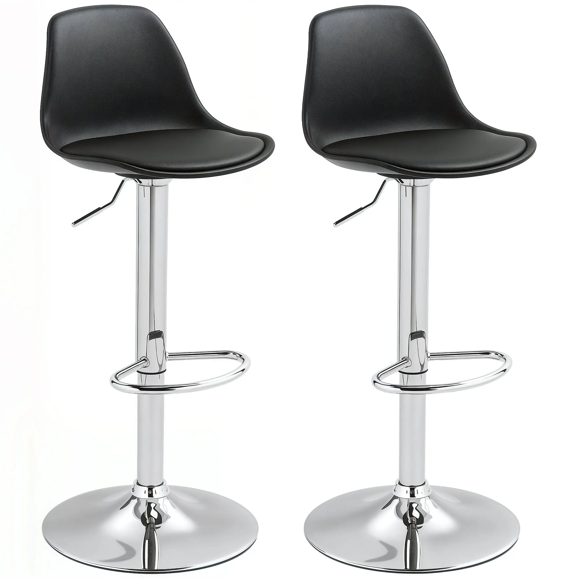 Bar Stool Set of 2, Upholstered Bar Chair with Steel Frame, Backrest, Height Adjustable Kitchen Chairs with Footrest 360° Swivel Counter Stools for Kitchen, Living Room, Dining Room, Faux Leather Black