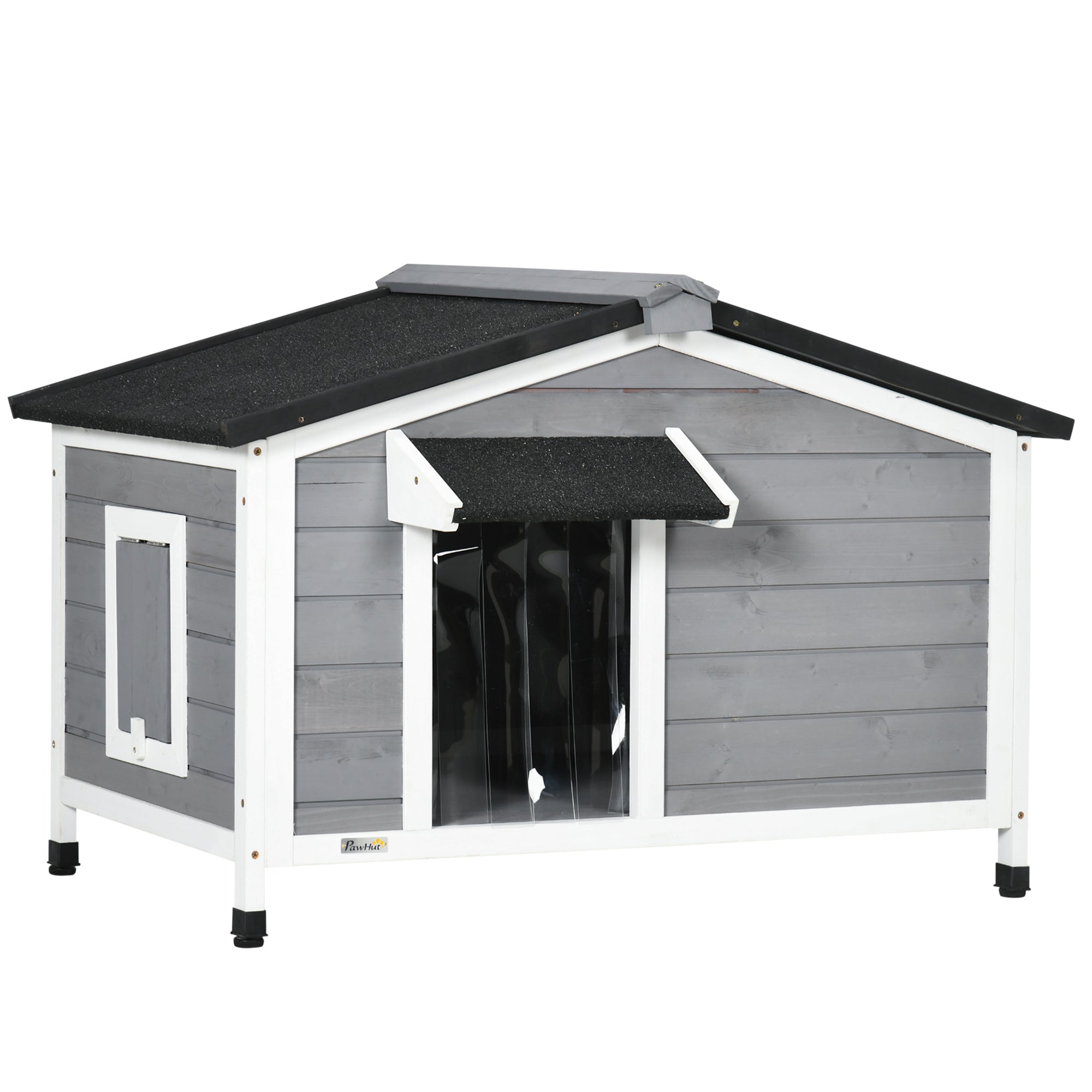 PawHut Hundehaus für kleine Hunde mit umklappbarem Asphaltdach, 2 Fenstern, Tür mit Vorhang und abnehmbarem Boden 97x72x65 cm Grau