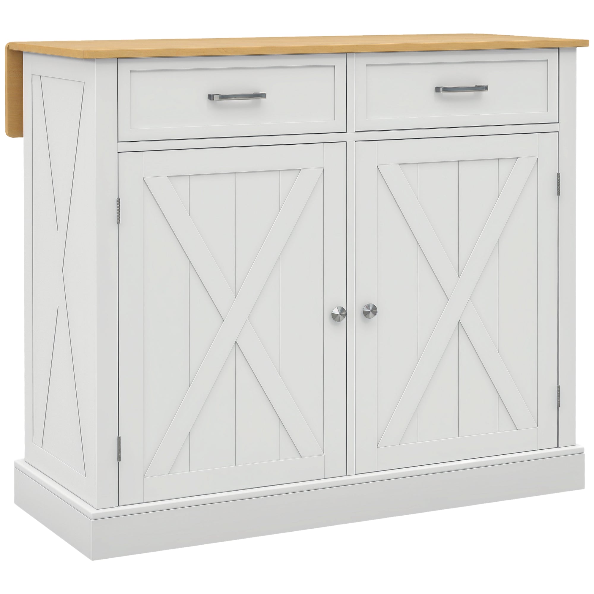 Chariot de Cuisine HOMCOM avec Plan de Travail en Bois Pliable, 2 Portes, 2 Tiroirs, Étagère Réglable, et 4 Roues 105x60x90,5 cm Blanc