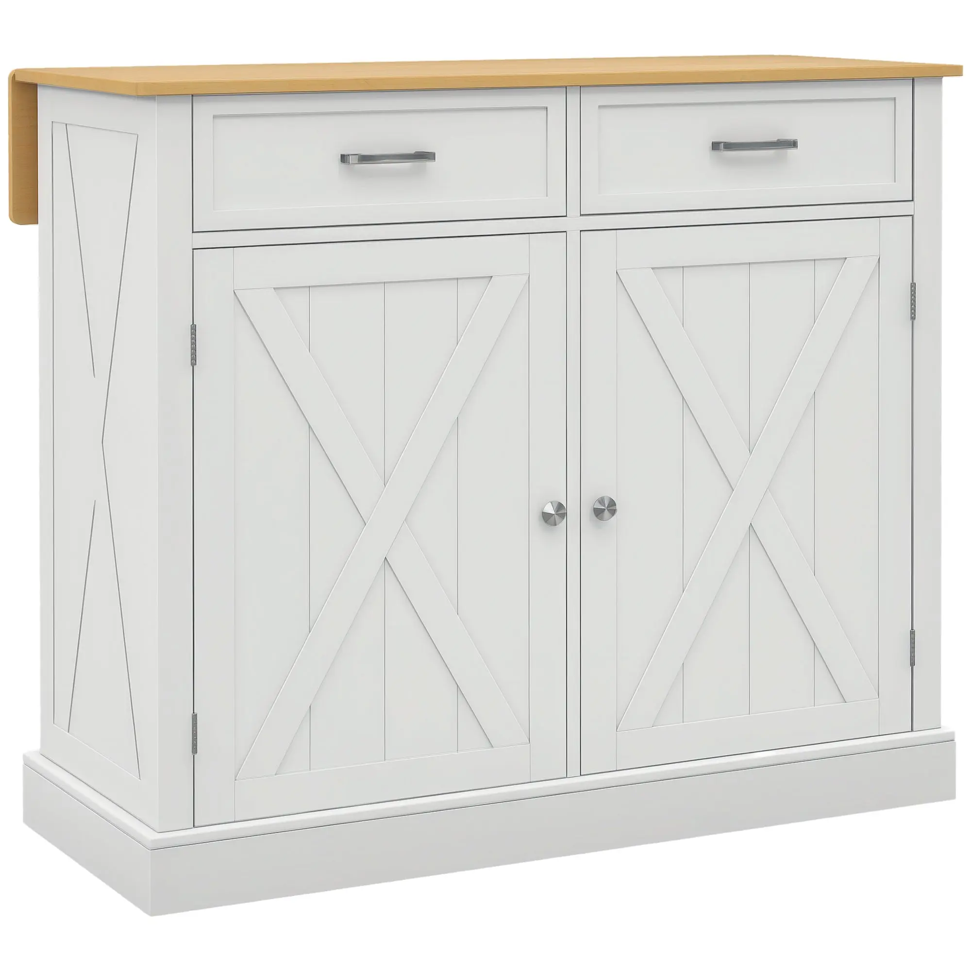 Kitchen Island Cart with Foldable Wood Countertop, 2 Doors, 2 Drawers, Adjustable Shelf, and 4 Wheels 105x60x90.5 cm White