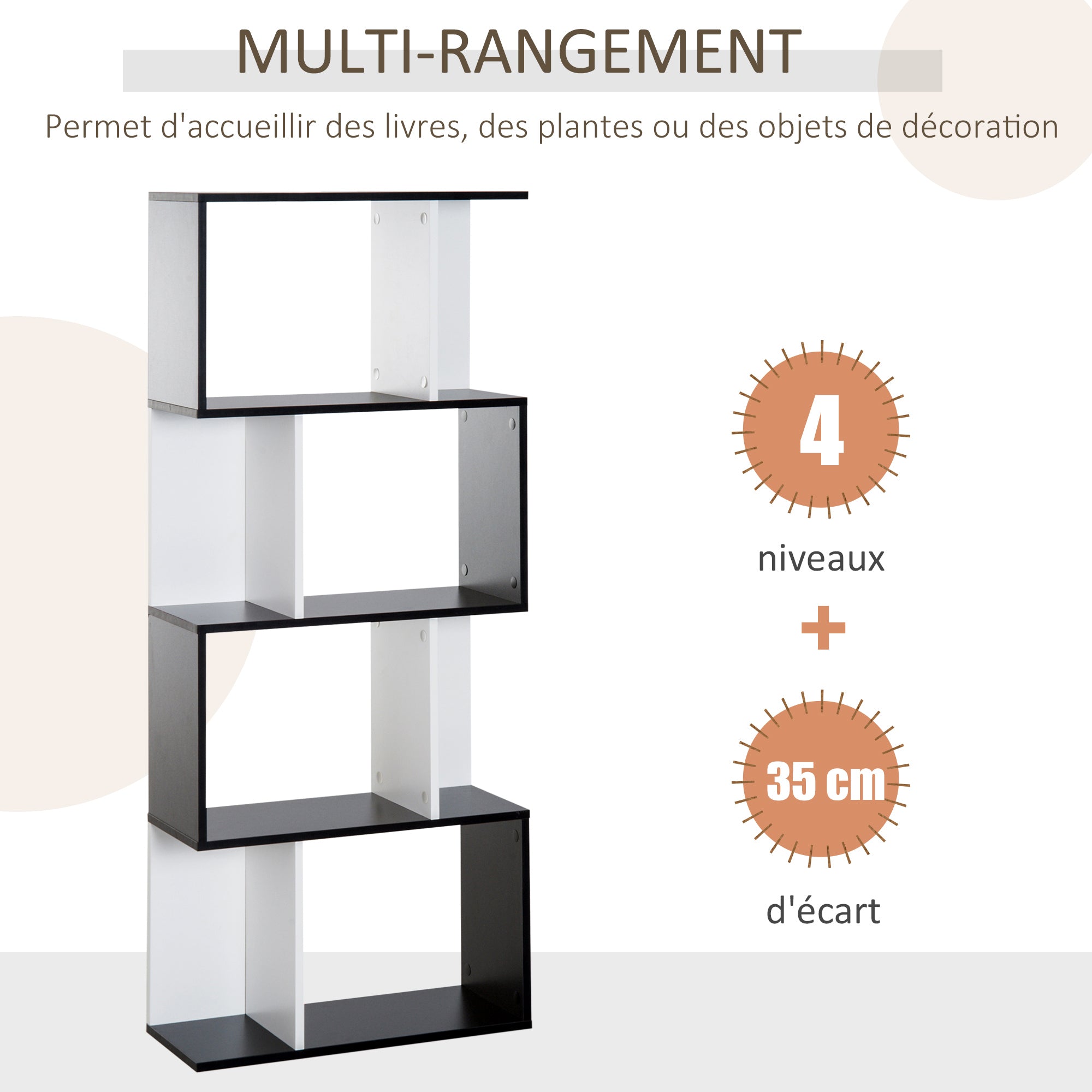 HOMCOM Regal im zeitgenössischen S-Design, 4 Regale, 60L x 24B x 148H cm, Schwarz Weiß