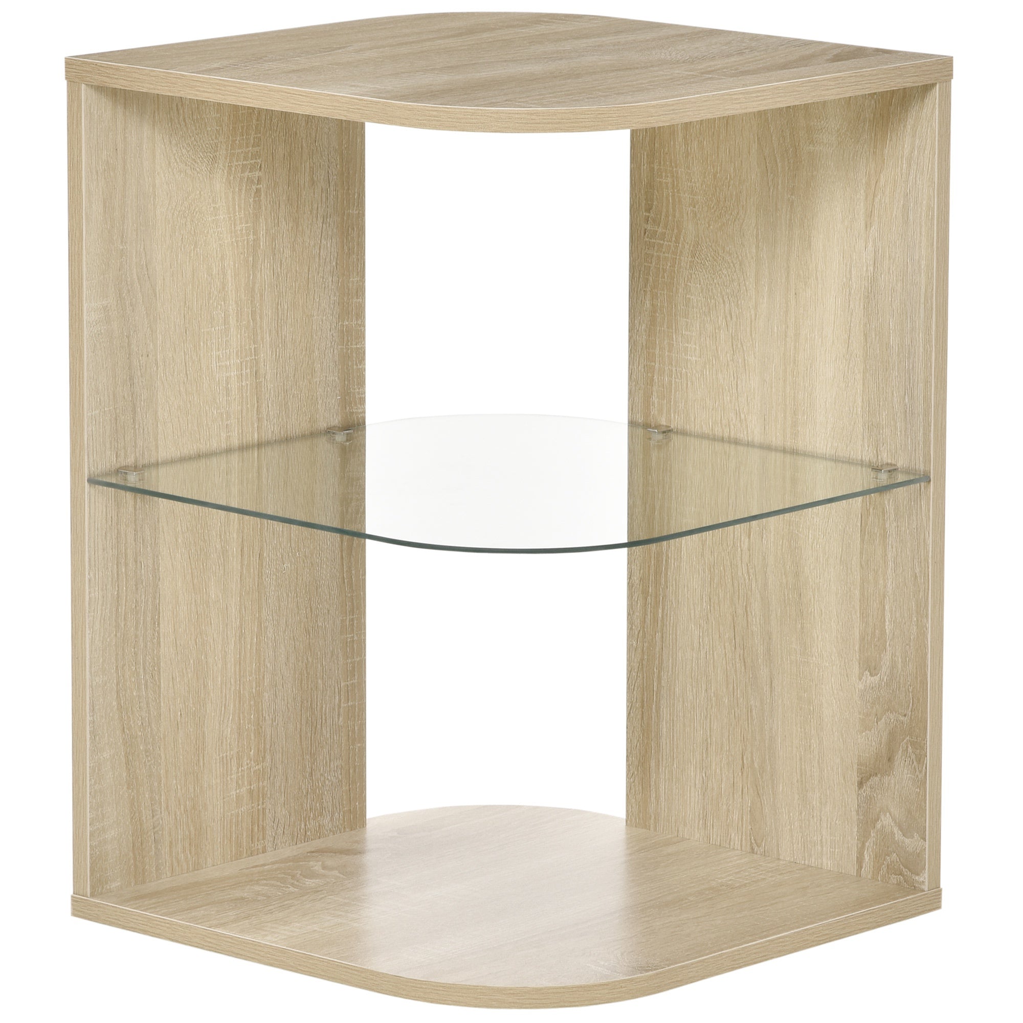HOMCOM Mūsdienu viesistabas sānu galds naktsskapītis ar 3 stikla plauktiem kafijas galds viesistabai guļamistabai 40cm x 40cm x 56cm Dabīga koka