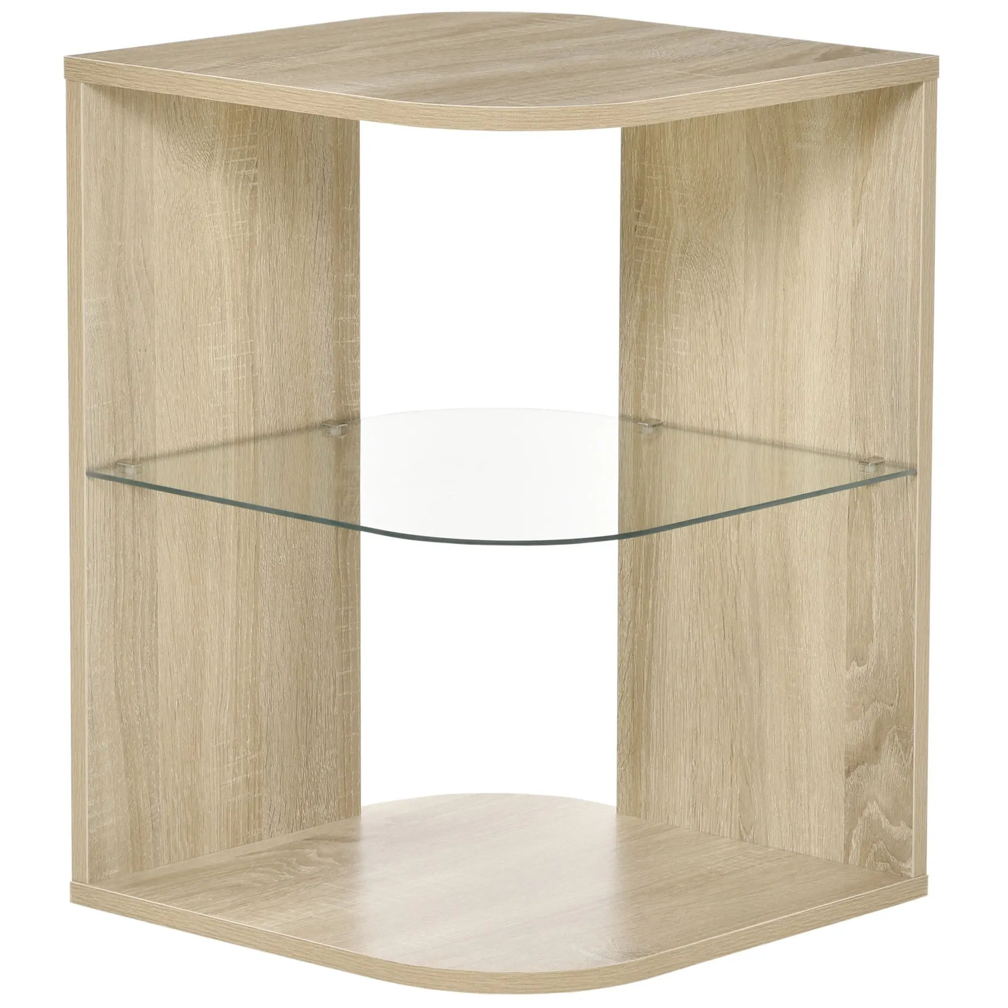Modern Living Room Side Table Nightstand with 3 Glass Shelves Coffee Table for Living Room Bedroom 15.75"x15.75"x22" Natural Wood