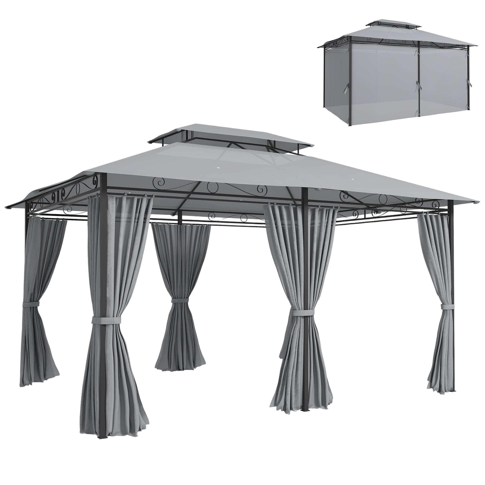 Outsunny Pavillon 3 x 4 m (4 x 3 m) – Wasserabweisend, robuster Metallpavillon mit Doppel-Dach und 6 Seitenteilen, Dunkelgrau