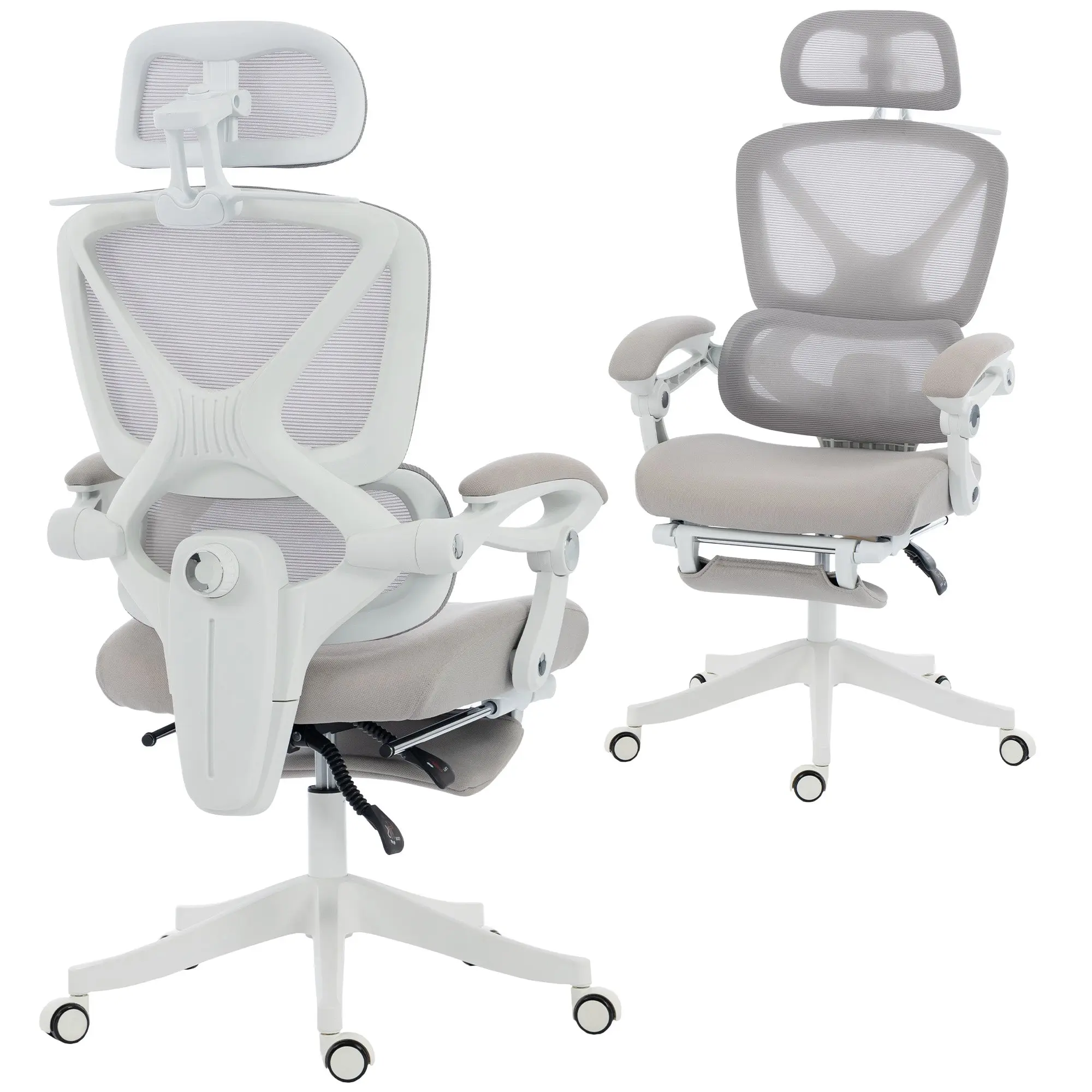 Mesh Office Chair — Reclining with Adjustable Headrest, Lumbar Support, Footrest & Height Adjustment, 265 lb Capacity, Light Gray