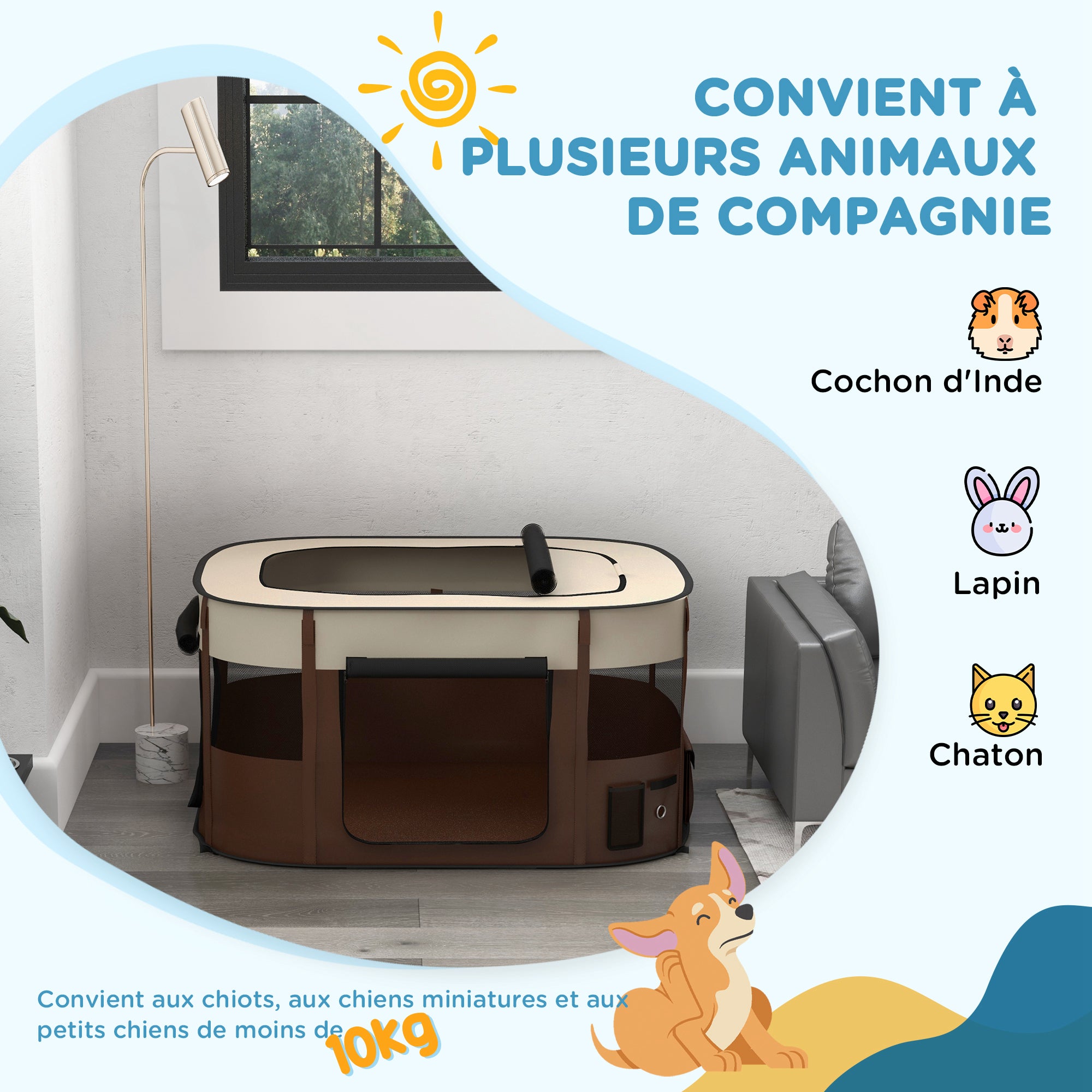 Oxford Fabric Dog Park, Puppy Park, Outdoor Enclosure for Animals, with Storage Pockets, Foldable Enclosure for Dogs Puppies, 114 x 89 x 59 cm, cream and brown