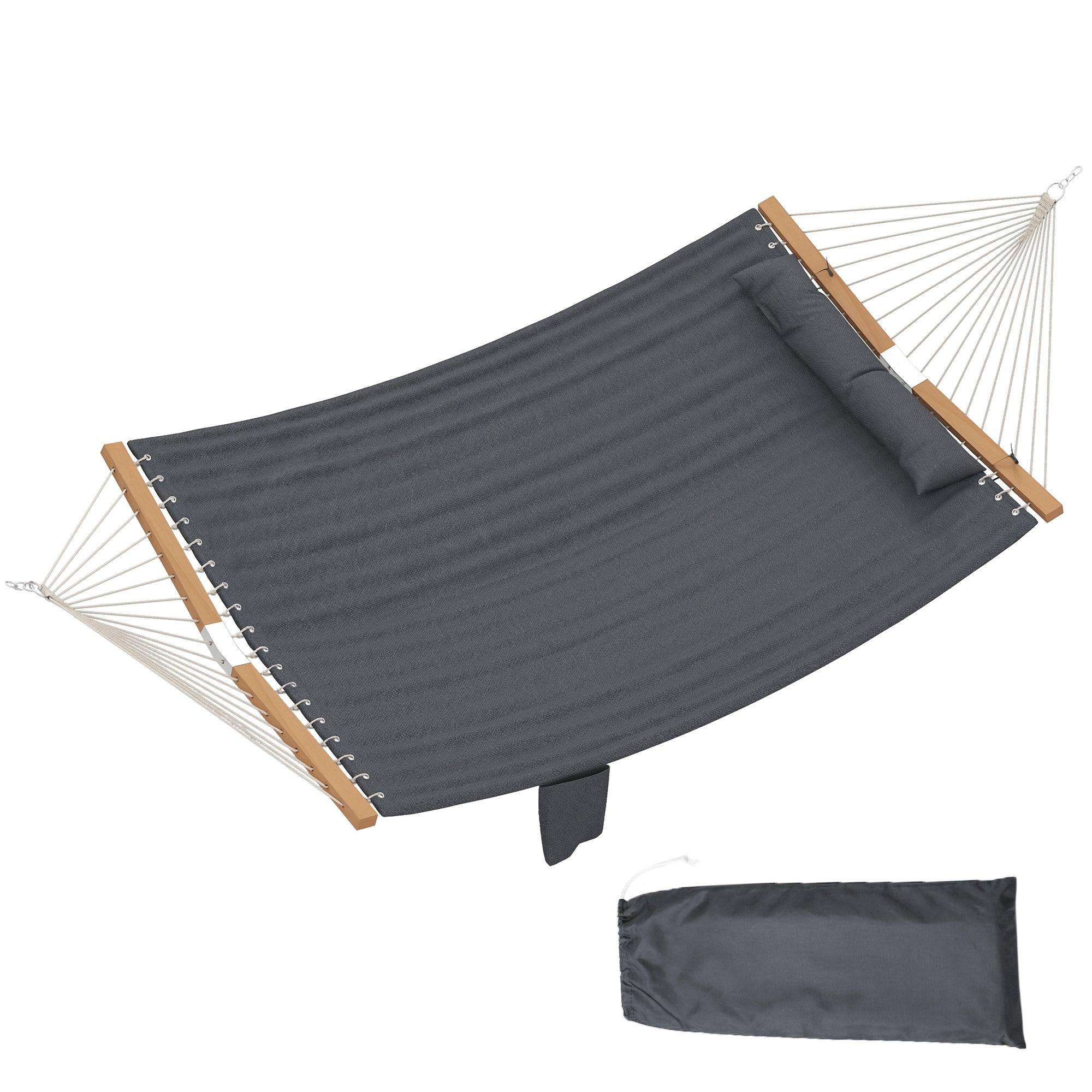 Hamac d'extérieur double matelassé Outsunny avec repose-tête et poche à magazines, barres écarteuses en hêtre, 200 x 140 cm — Gris