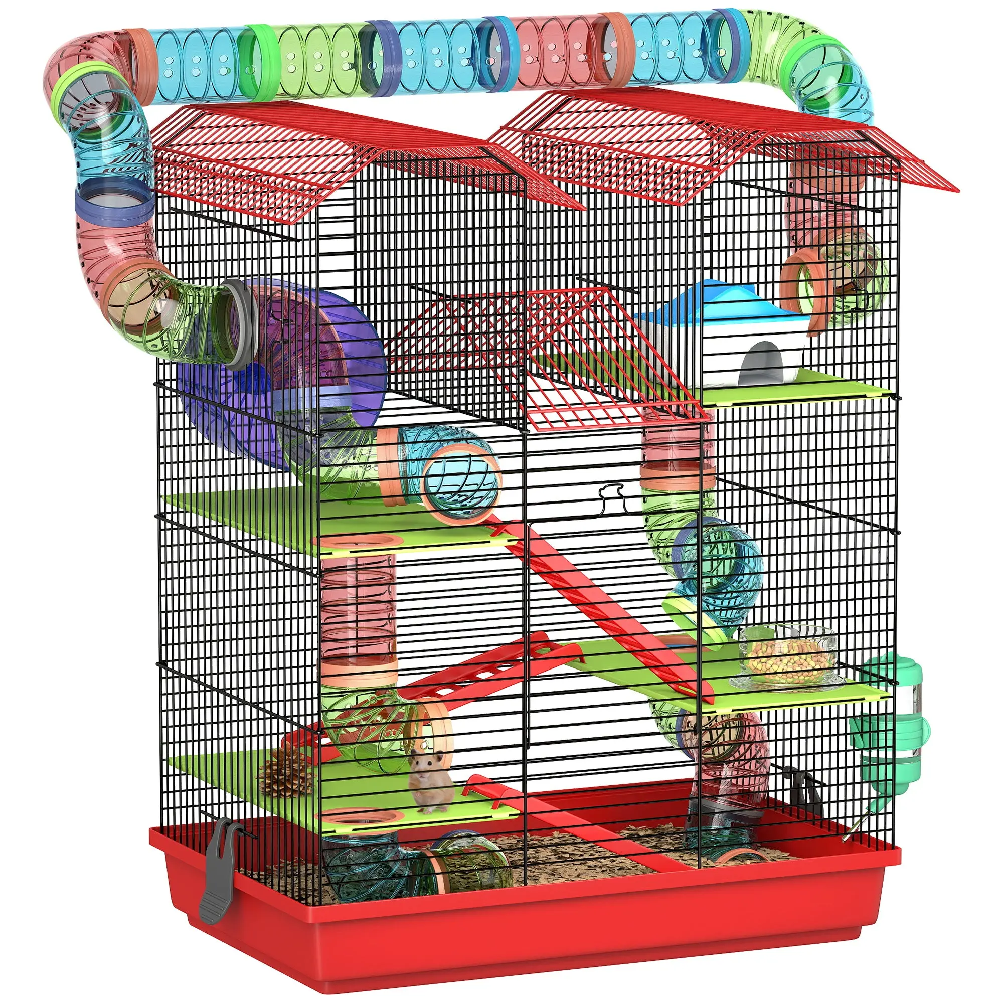Hamster Mouse Small Pets Rodent Cage with Tunnel Feeder Wheel Toy 47 x 30 x 59 cm Red
