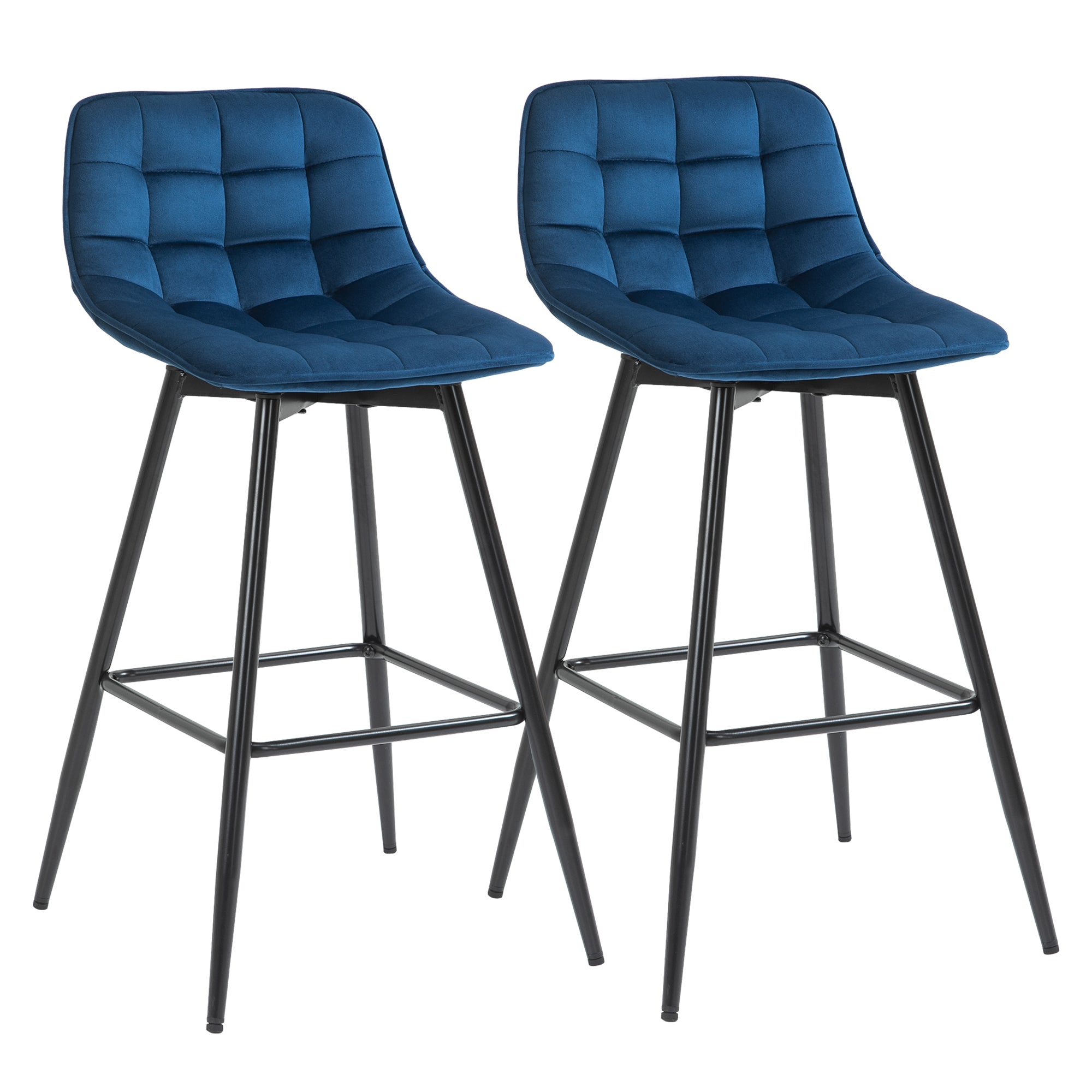 Set of 2 High Bar Stools in Nordic Style with Backrest and Footrest, Bar Stools with Velvet Effect Fabric and Metal, 45x47x88 cm, Blue
