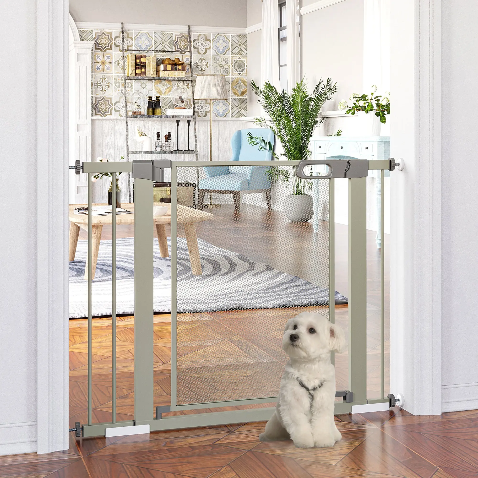Pet Safety Gate with Double Lock Automatic Closing Width 75-103 cm Gray