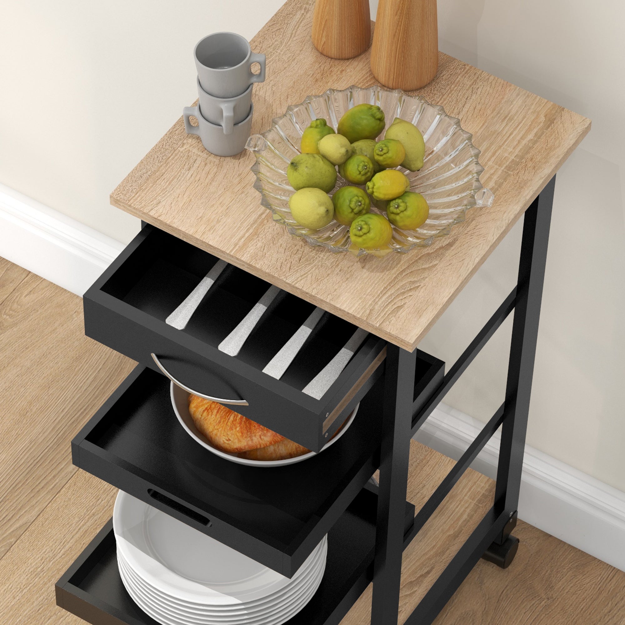 Kitchen Trolley Service Trolley with Wheels 2 Removable Trays, Drawer, Shelf Light Oak Pine Wood Black
