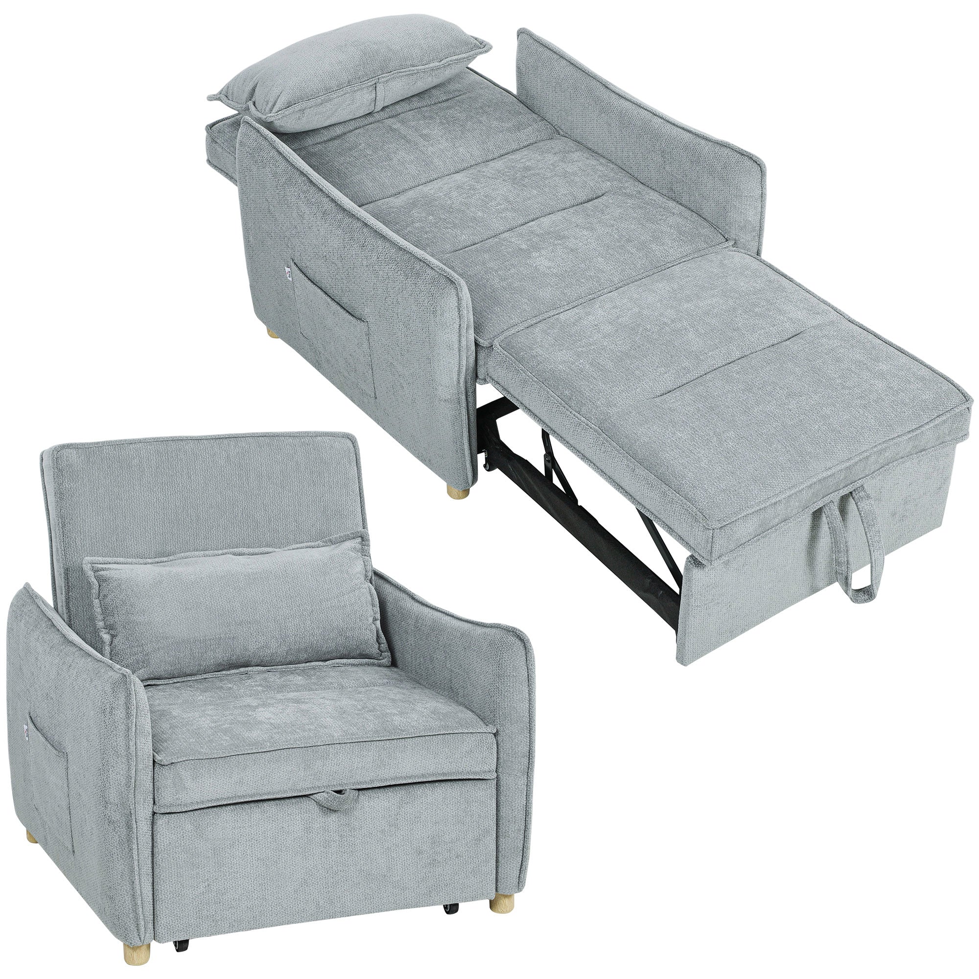 HOMCOM 3 in 1 Convertible Chair Bed 1 Seater Sofa Bed with Adjustable Back Wide Seat Chenille Fabric Pull Out Guest Bed with Pillow and Side Pockets Grey