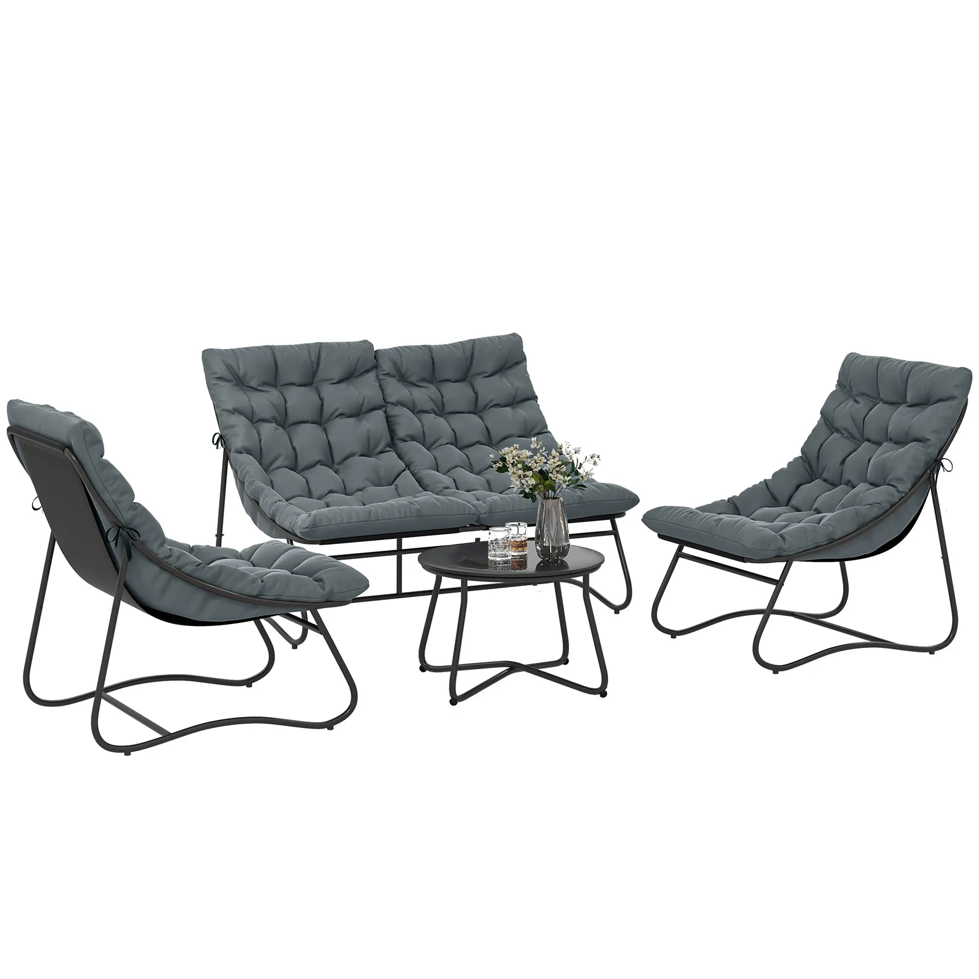 4-Piece Outdoor Patio Set with 3.1 in (8 cm) Cushions - Steel Frame & Breathable Textilene - Tempered Glass Coffee Table for Modern Terrace/Balcony, Gray