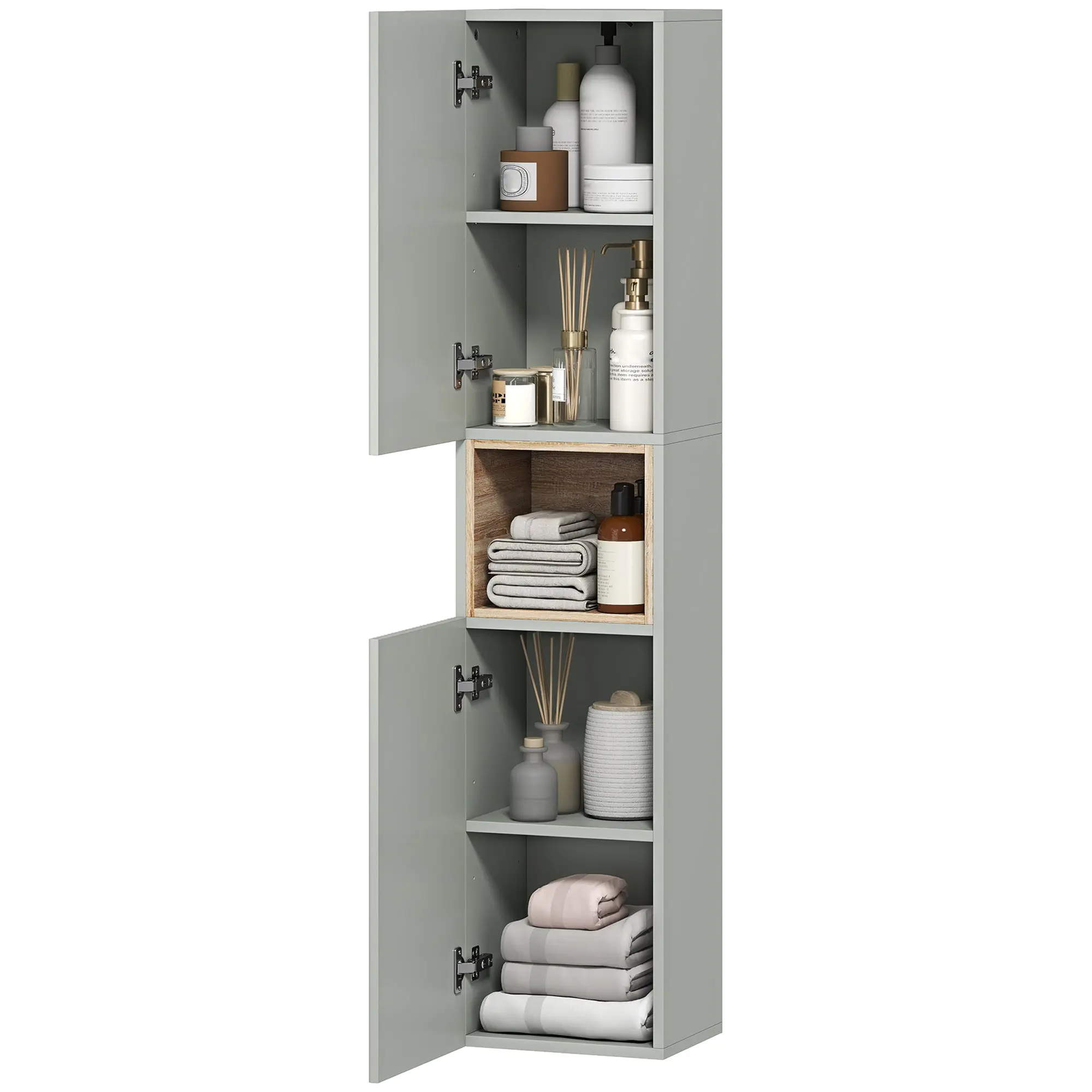Slim Bathroom Storage Cabinet, Narrow 2-Door Unit with Open Compartment and Adjustable Shelves, for Toilets & Small Spaces, 11.8 x 9.4 x 55.1 in, Green