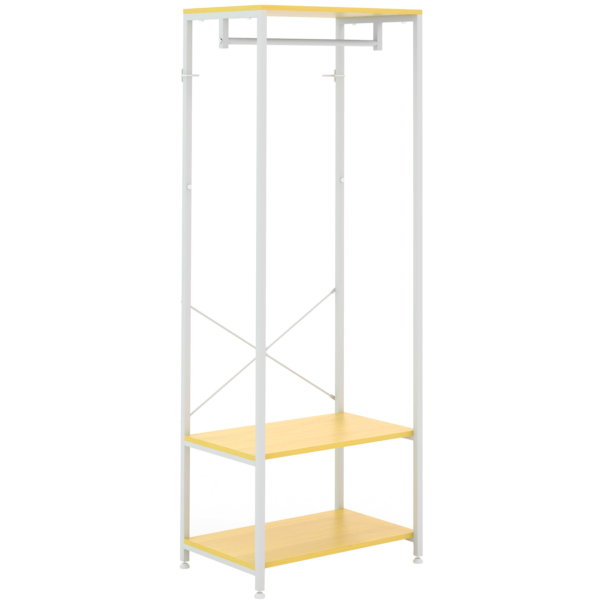 HOMCOM Kleedestander mat Schufflagerung - Entrée Kleedestander mat Hängegraff an 2 Lagerregaler fir Flur, Schlofzëmmer 60x40x167.5 cm Natur a Wäiss