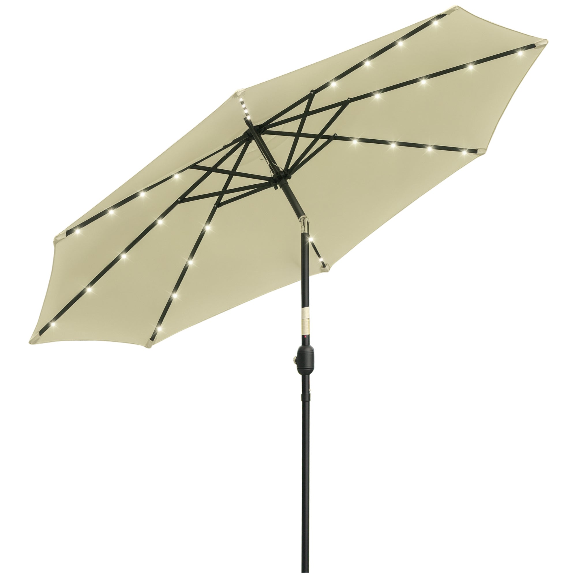 Outdoor Terrace Umbrella ?265 cm Garden Umbrella with 32 Solar LED Lights Steel Post and Crank Tilt Umbrella for Patio Terrace Beige