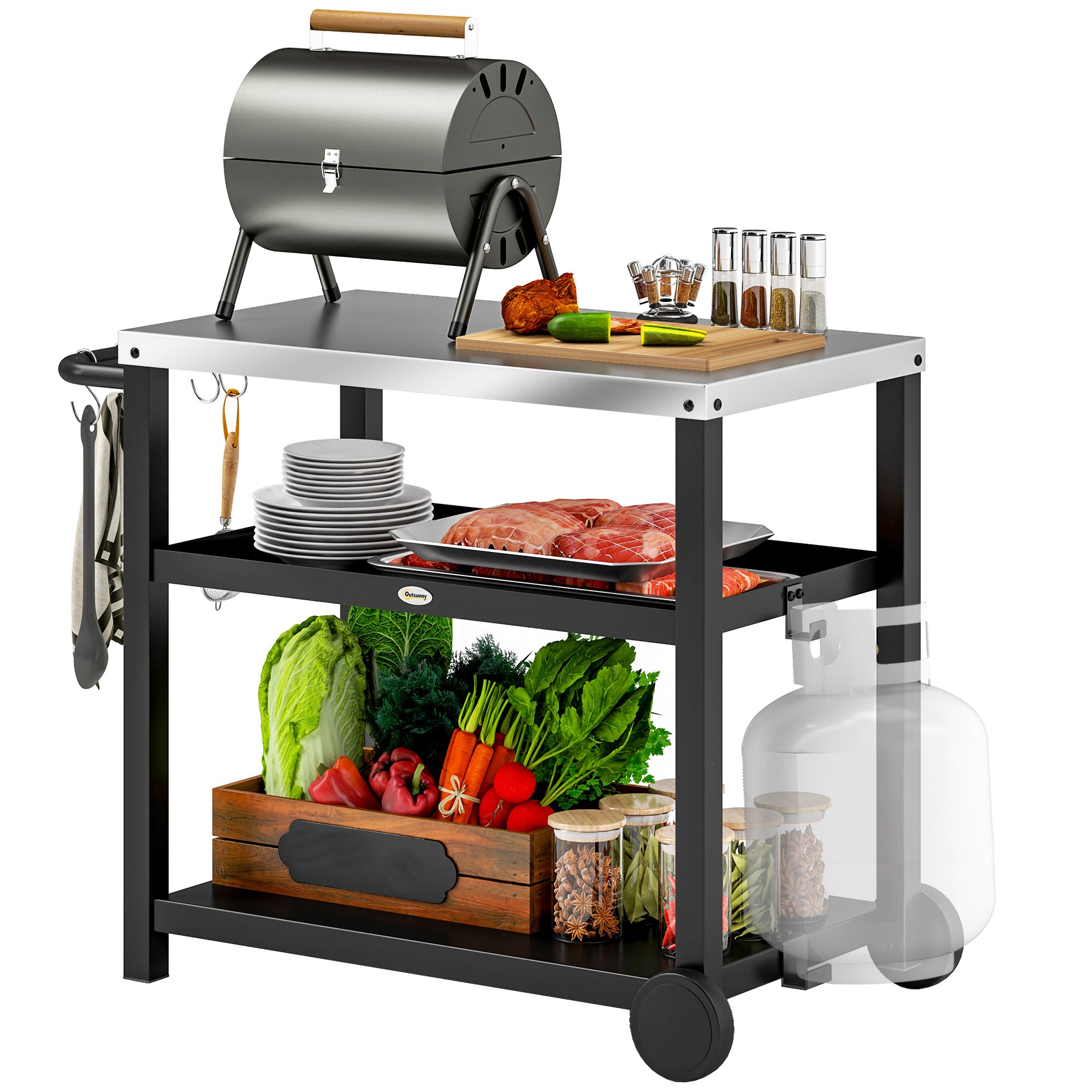 Outsunny grillikäru 3-tasandiline serveerimistroll tööpinnaga, riiulitega, konksudega, ratastega, roostevabast terasest BBQ grillilaud, grillipoolne laud, välikasutuseks mõeldud utility-käru, söe BBQ 