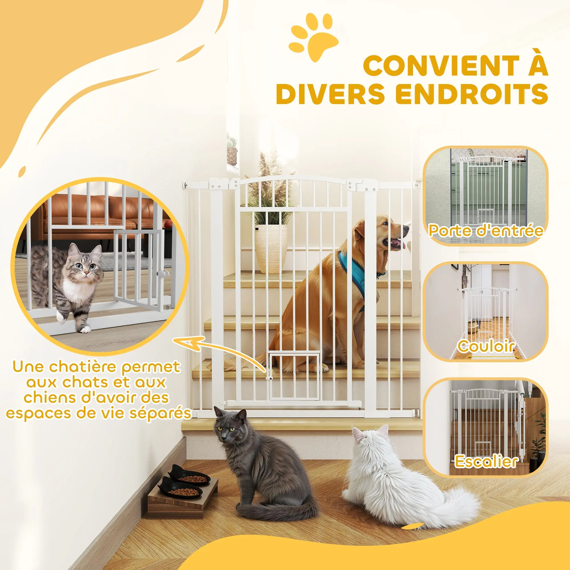 Expandable Dog Safety Barrier 76-104 x 106 cm, stair and door barrier with double locking system, pressure or drilling mounting, dog and cat barrier, white