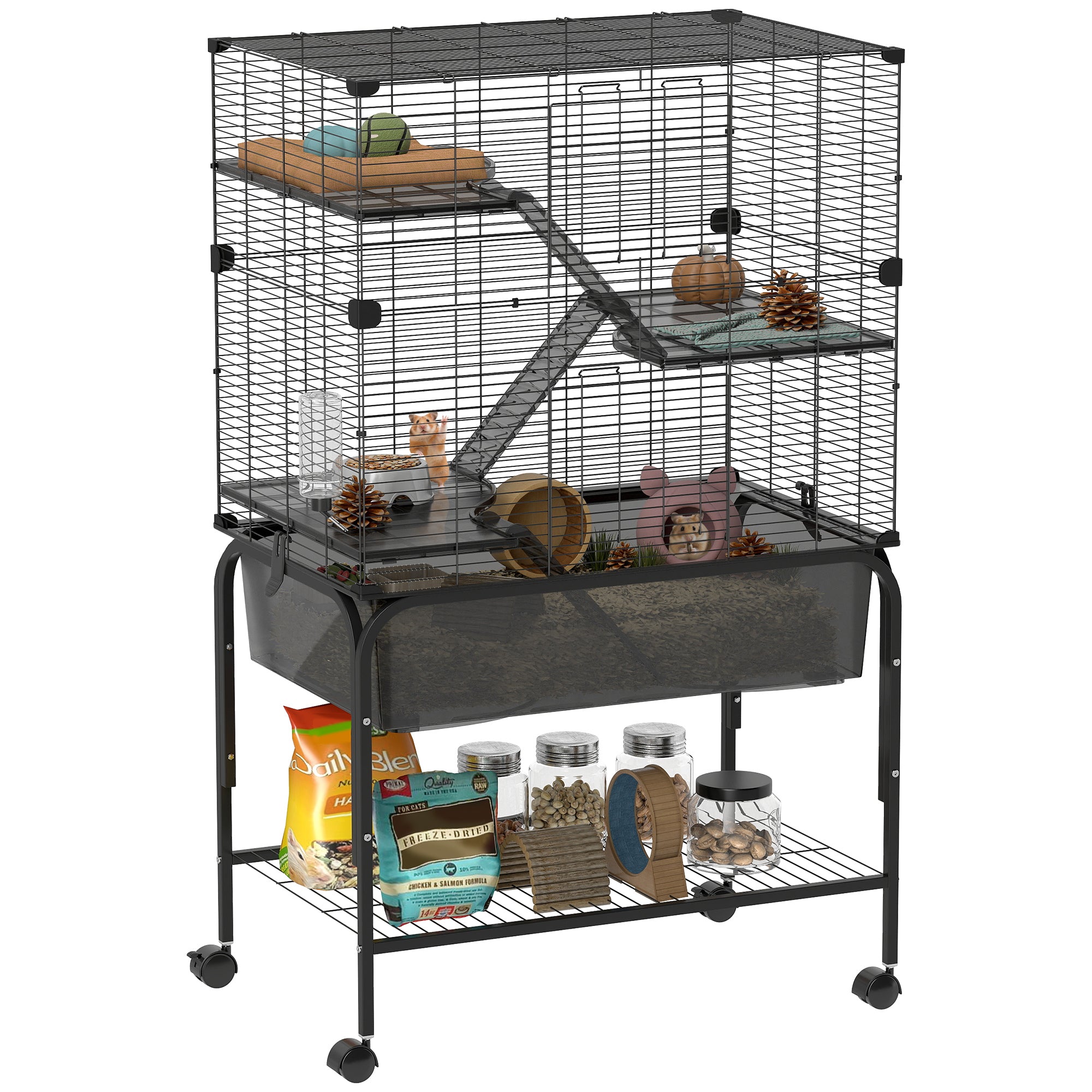 PawHut 4-Level Käfeg fir kleng Déieren mat Rieder - Käfeg fir Nagetiere mat déifem Buedem, Rampen, Plattformen, Fütterer an Trinker - Ënnerkonft fir Chinchillas, Ferrets, Hamster 73x47x123 cm Schwaarz