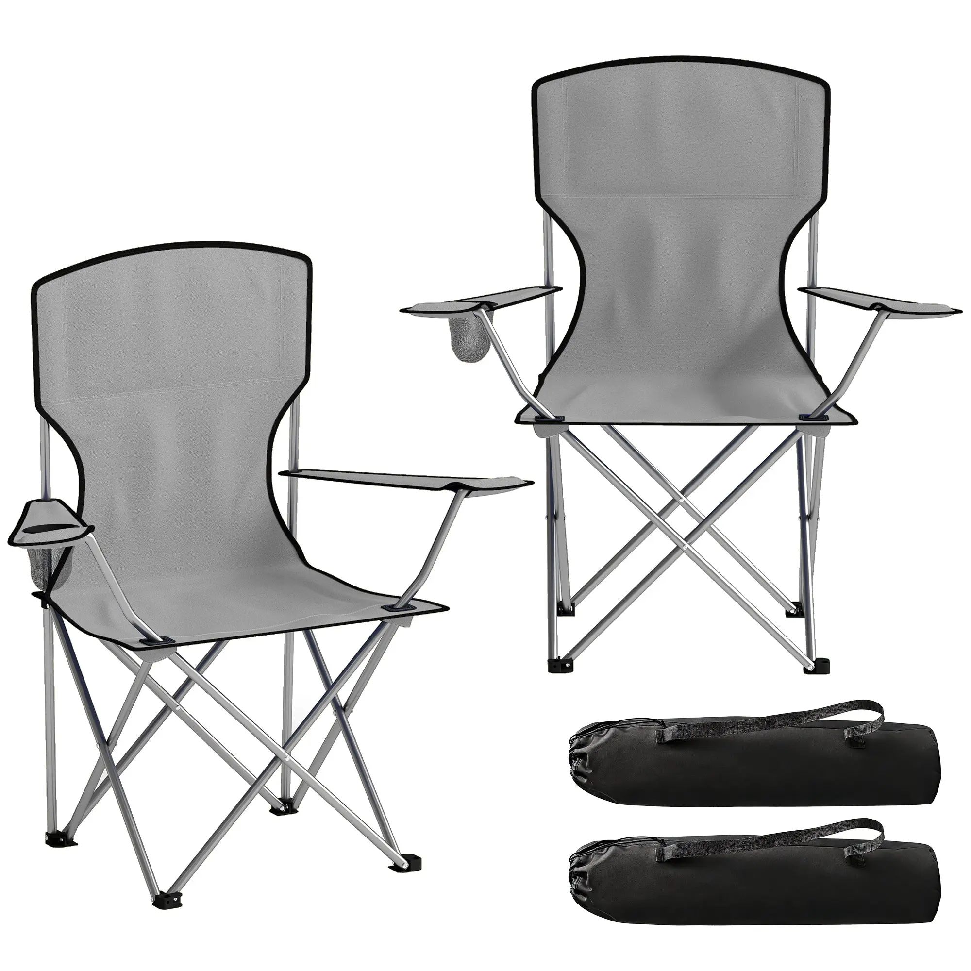 Set of 2 High-Back Folding Camping Chairs with Cup Holder and Carry Bags, Portable Metal Frame & 600D Oxford Fabric, for Outdoor Picnic Beach Garden, Gray