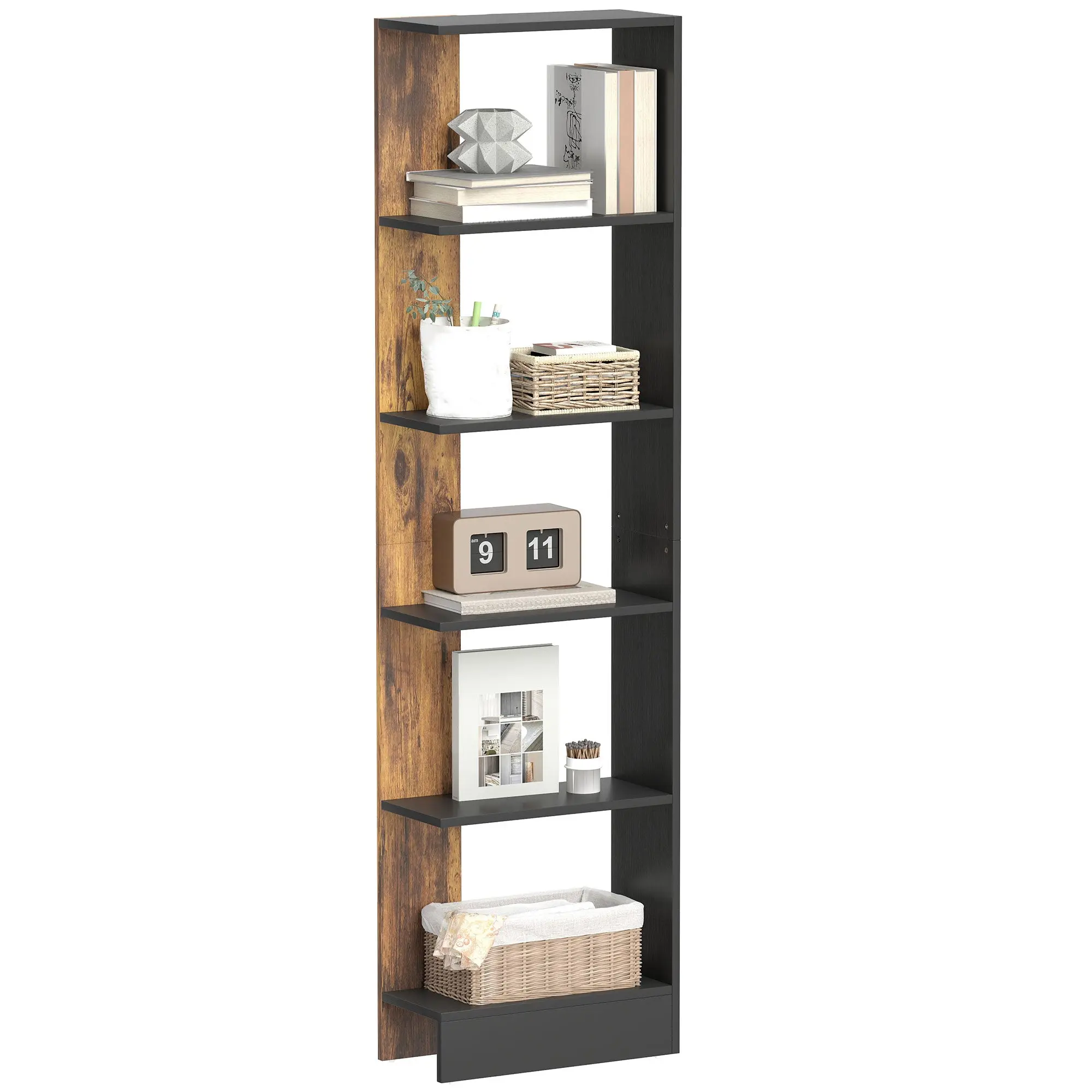 5-Tier Slim Storage Shelf, Space-Saving Wooden Bookcase for Bathroom, Living Room, Bedroom, Office — 17.7 x 8.3 x 66.9 in, Rustic Brown