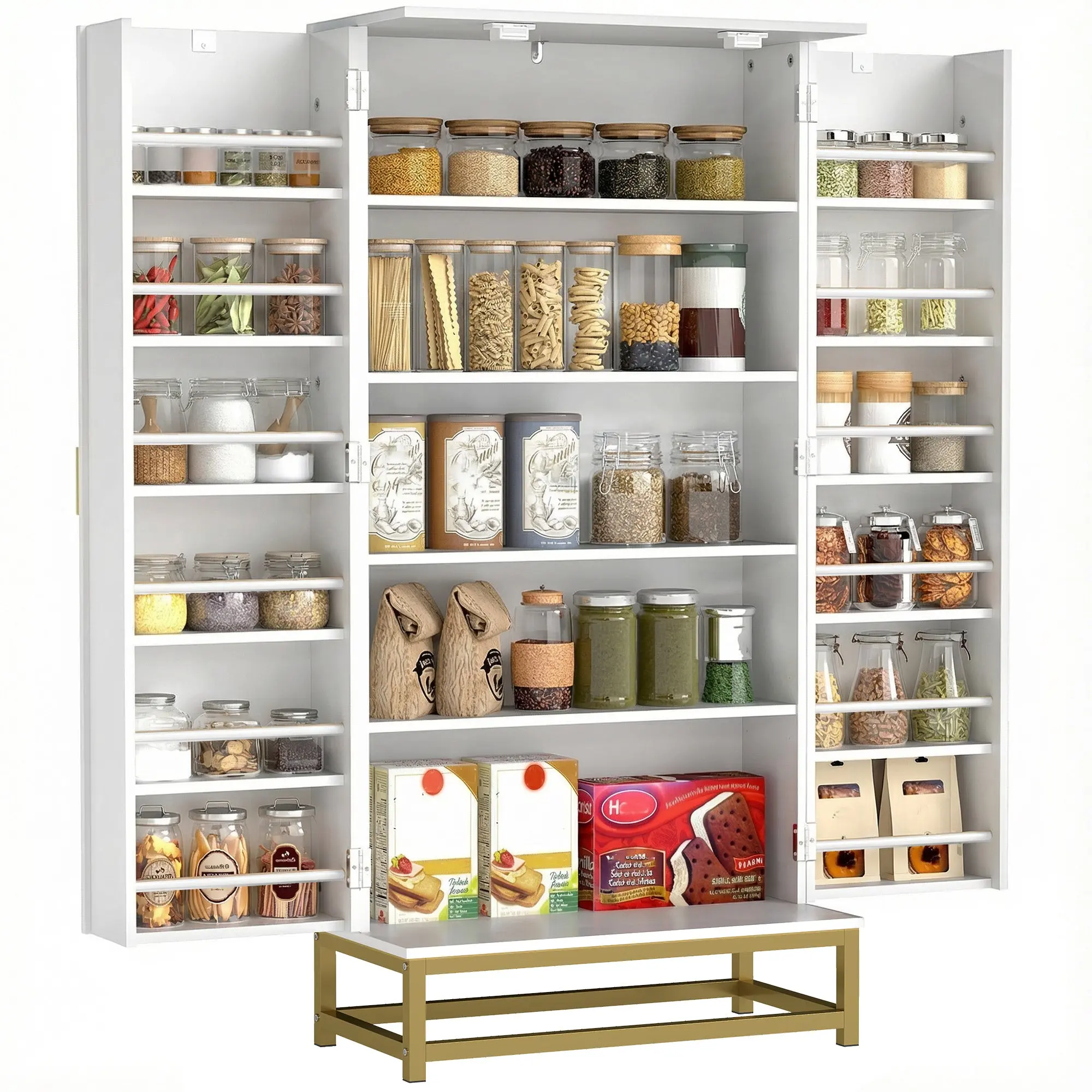Kitchen Buffet Cabinet, Modern Storage Cupboard with 12 Door Shelves, Adjustable Shelves & Double Slatted Doors, 58 x 29 x 119.5 cm (22.8 x 11.4 x 47.0 in), White