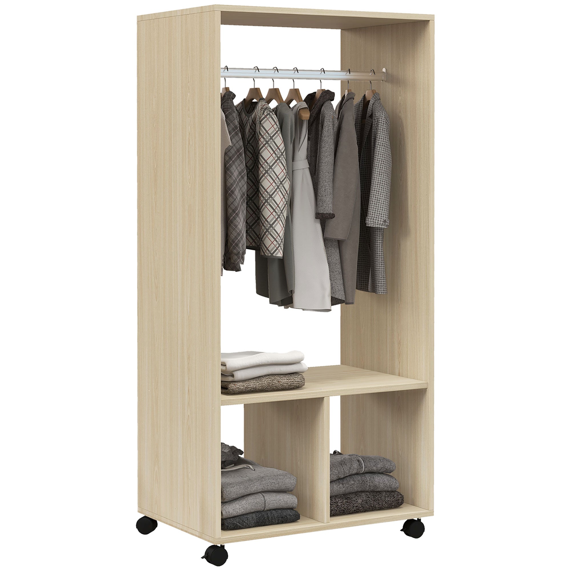 HOMCOM Spinta su Ratukais Atvira Dizaino Spinta su Pakabinimo Liniuote ir Lentynėlėmis Organizatorius Nuotraukoms 60x40x128 cm Natūralus medis