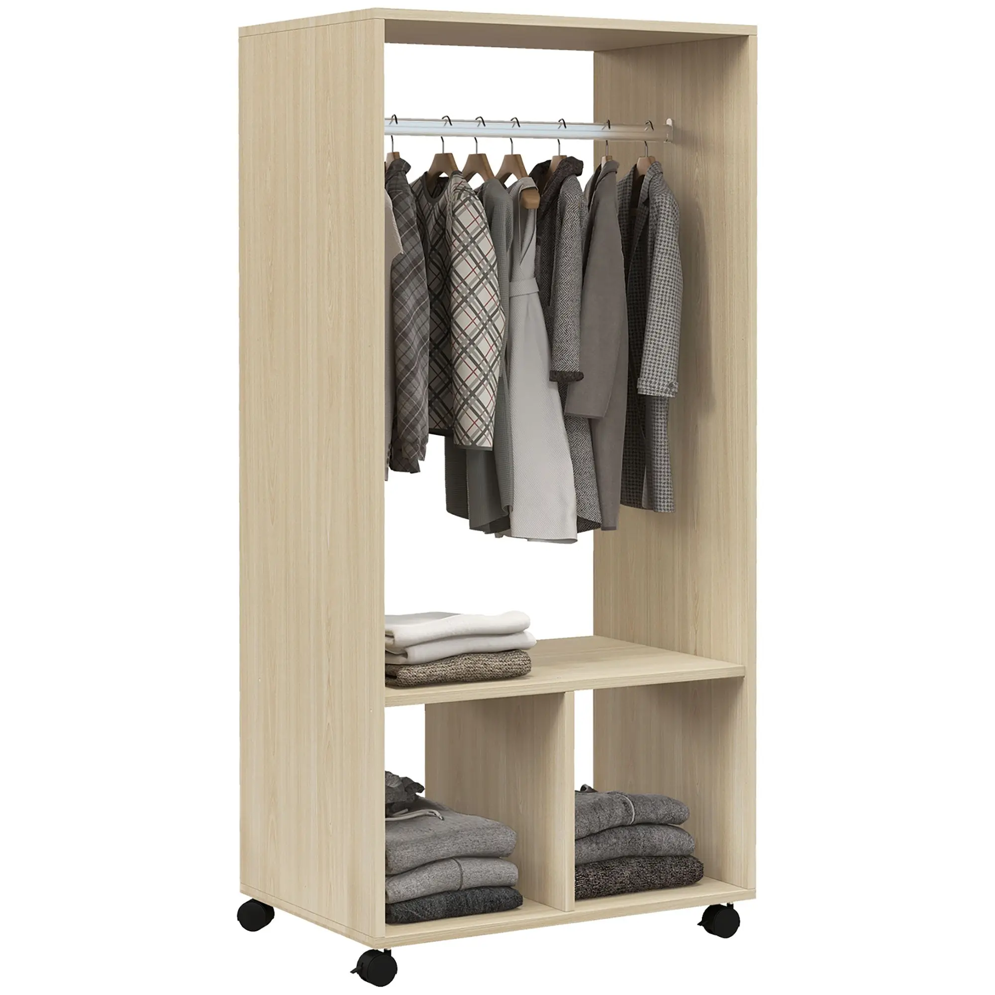 Wardrobe with Wheels Open Design Wardrobe with Hanging Rail Shelves Organizer for Bedroom Clothes 60x40x128 cm Natural Wood