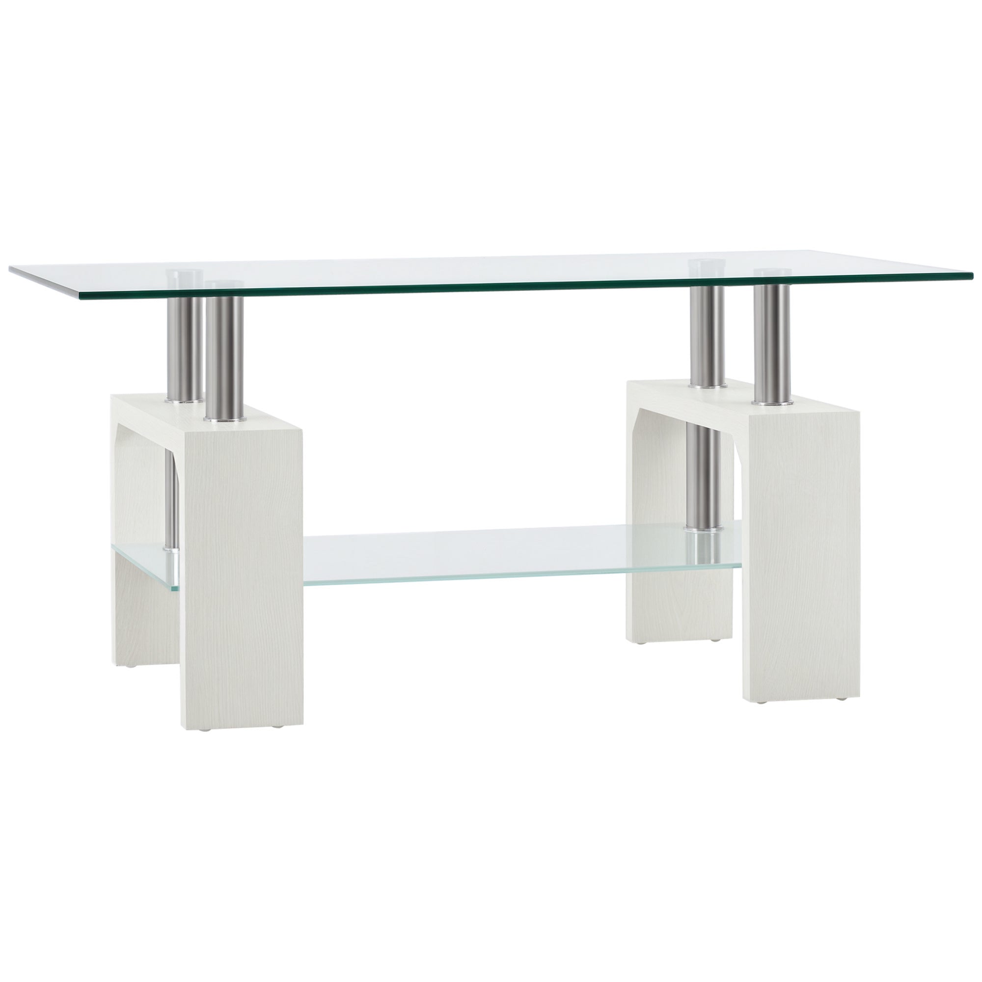 2-Tier Coffee Table, Modern Living Room Table with Glass Top and Wood and Steel Structure, 90x50x42cm, White
