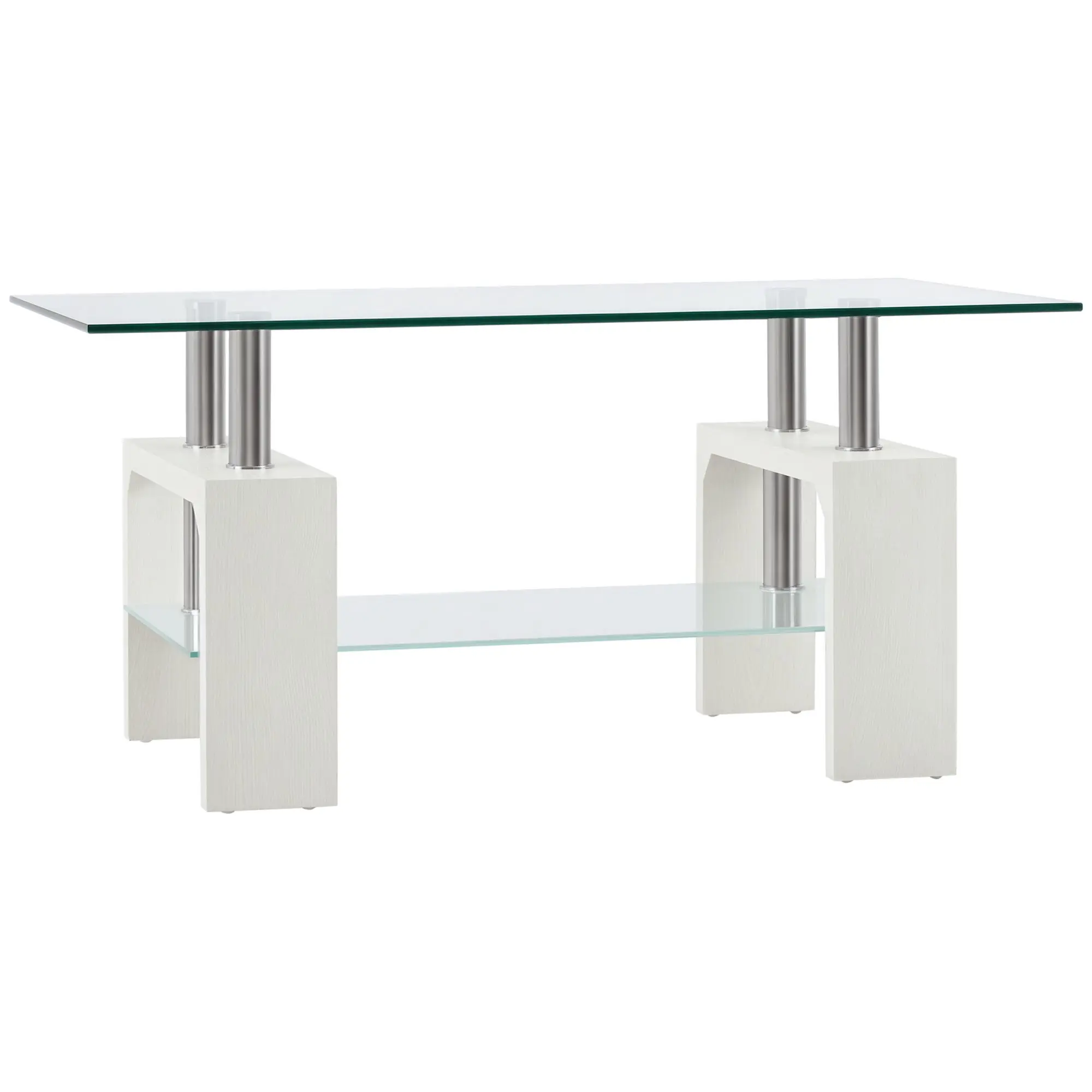 2-Tier Coffee Table, Modern Living Room Table with Glass Top and Wood and Steel Structure, 90x50x42cm, White