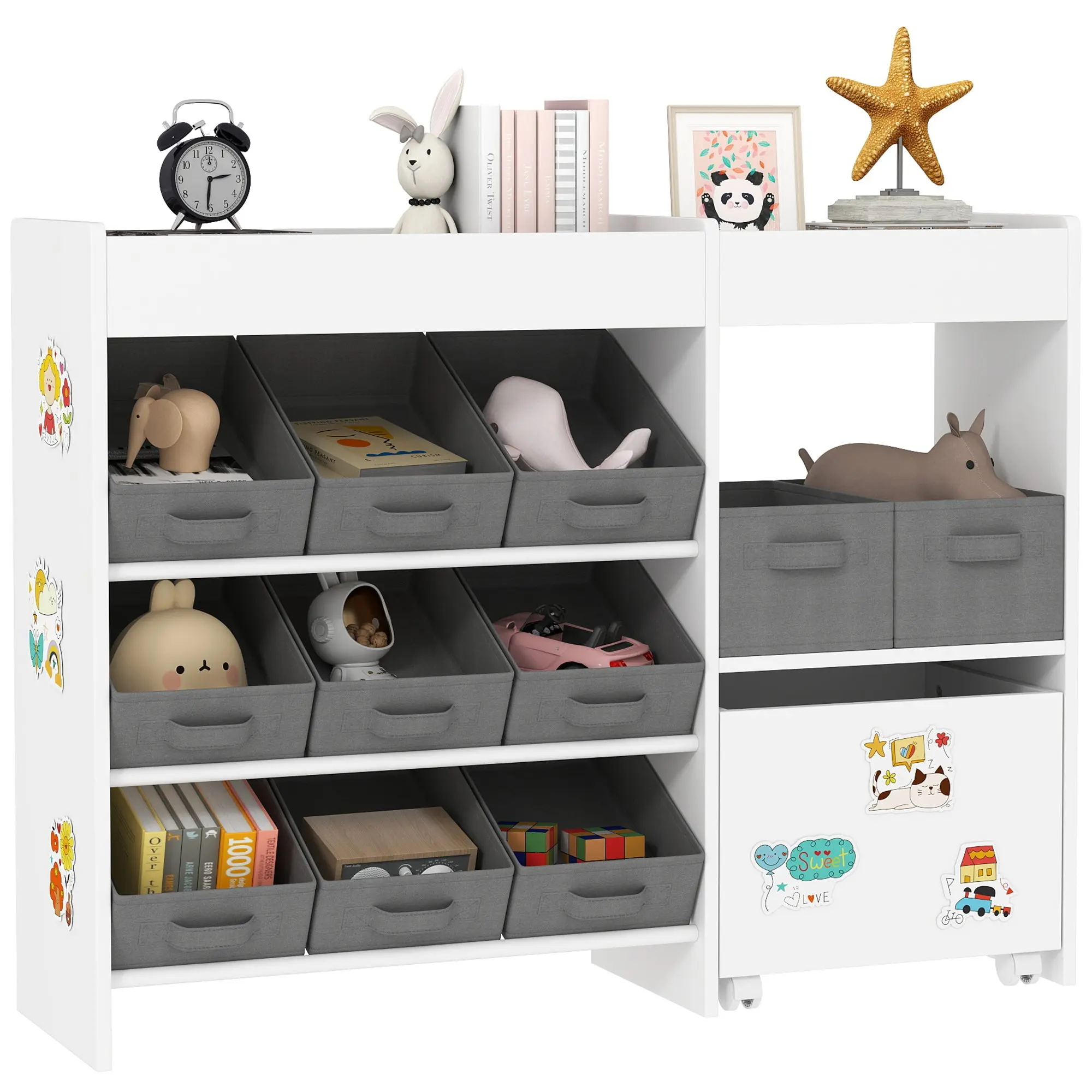 Toy Storage Shelf for Kids Children's Organizer with 11 Removable Baskets Compartments and Sticker Sheets for Nursery Playroom 105x30x80 cm White