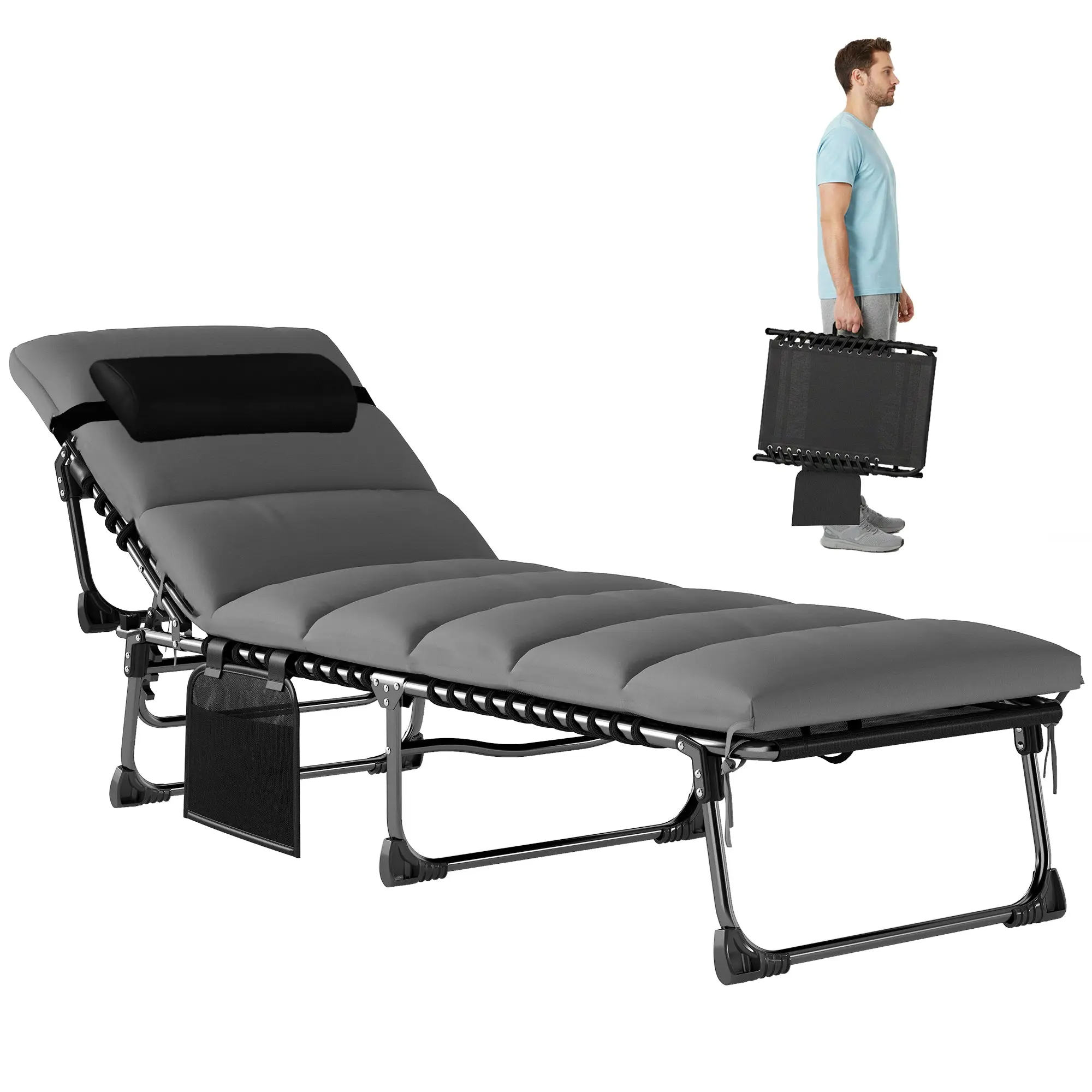 Folding Outdoor Sun Lounger — 5-Position Recliner with Removable Cushion, Side Pocket & Headrest, Steel Frame, Dark Gray