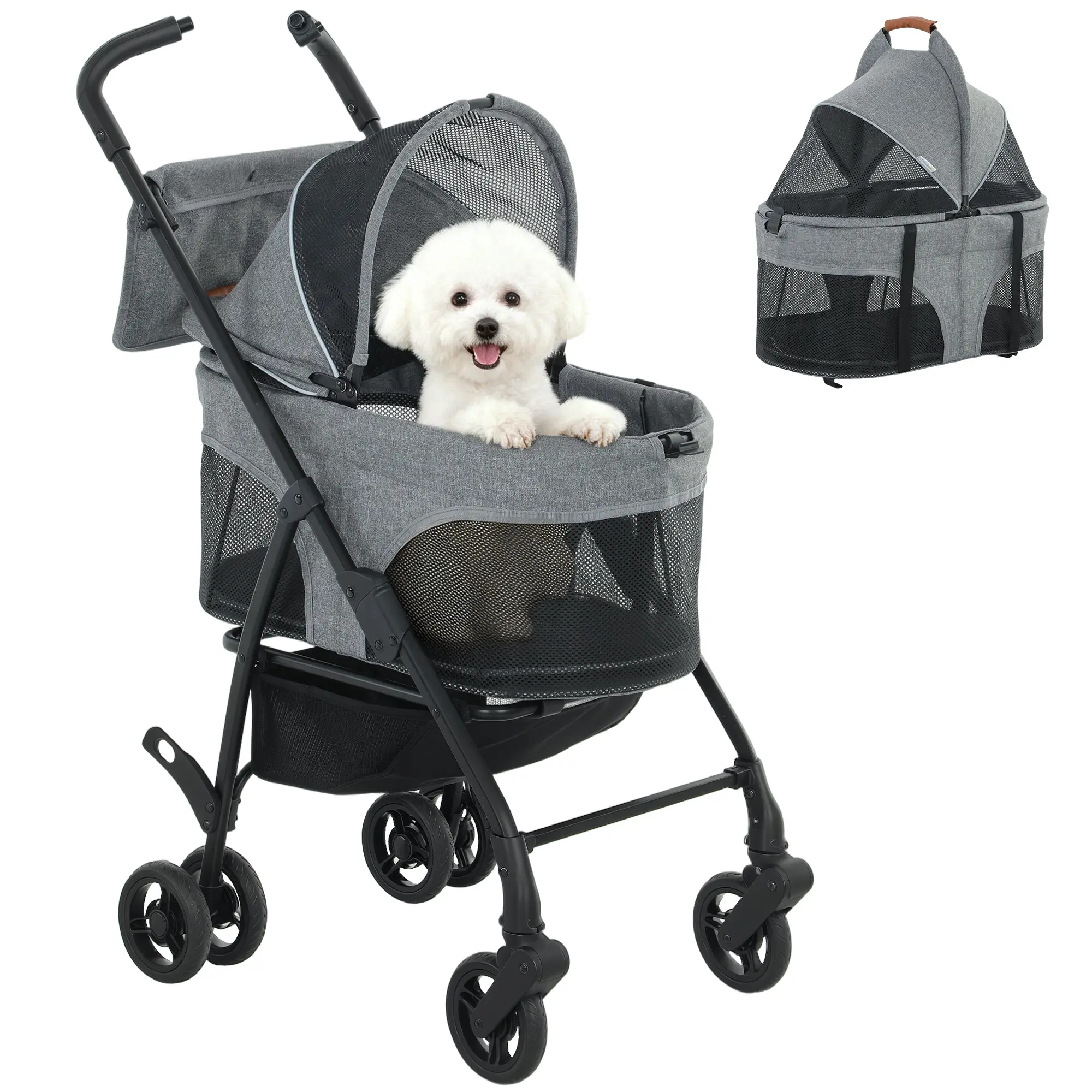 3-in-1 Detachable Dog Stroller — Foldable Bassinet, No-Zip Silent Clip, All-Terrain Suspension, for Small Dogs & Cats up to 33 lb (Gray)