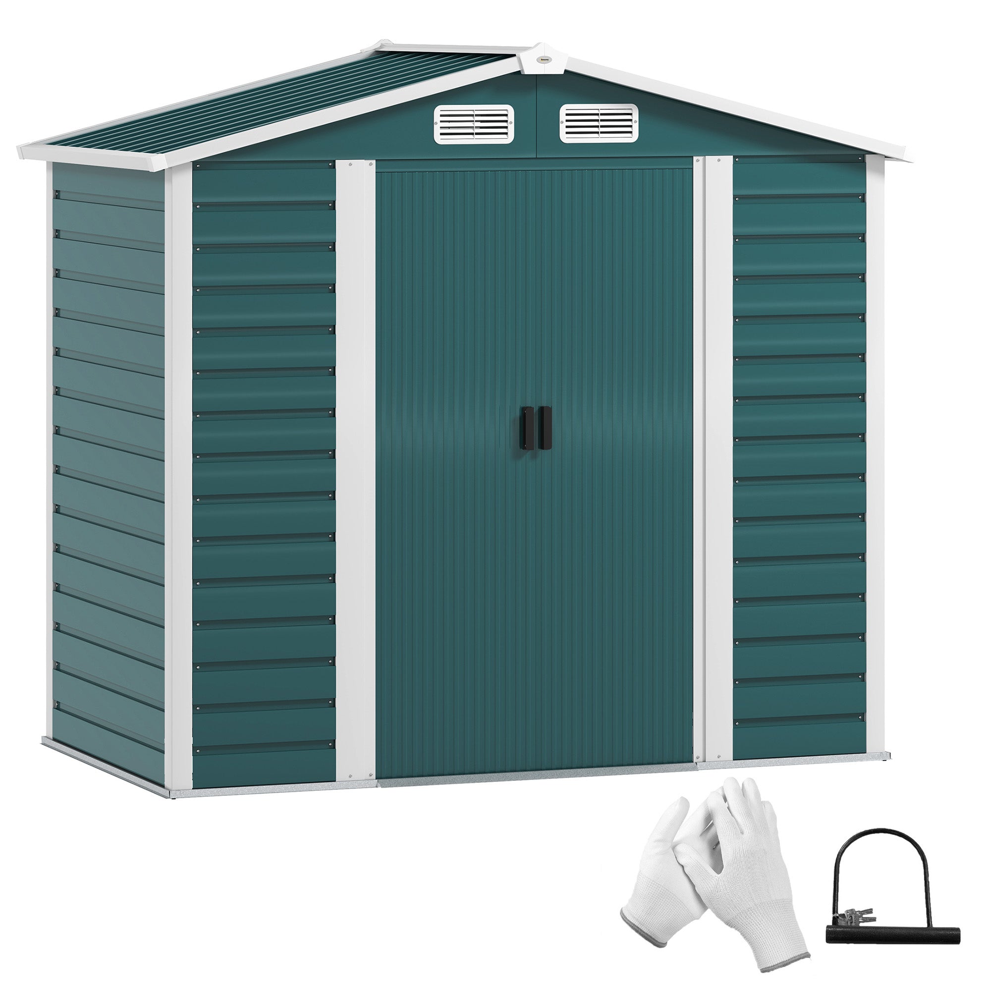 Αποθήκη Κήπου Outsunny Υπαίθρια 2.36μ² 213x120x194 εκ. Εξωτερική Αποθήκη Κήπου με Ενισχυμένη Βάση (Δάπεδο Όχι Συμπεριλαμβάνεται) Διπλές Ολισθαίνουσες Πόρτες Κλειδαριά Παράθυρα Σκούρο Πράσινο