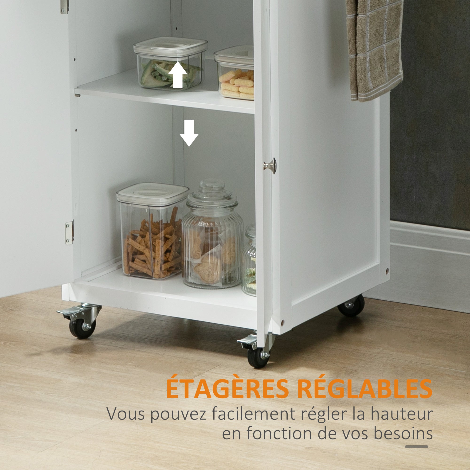 White MDF and Stainless Steel Kitchen Island Trolley with Wheels Multi-storage 1 Drawer Cupboard 2 Doors with Towel Holder