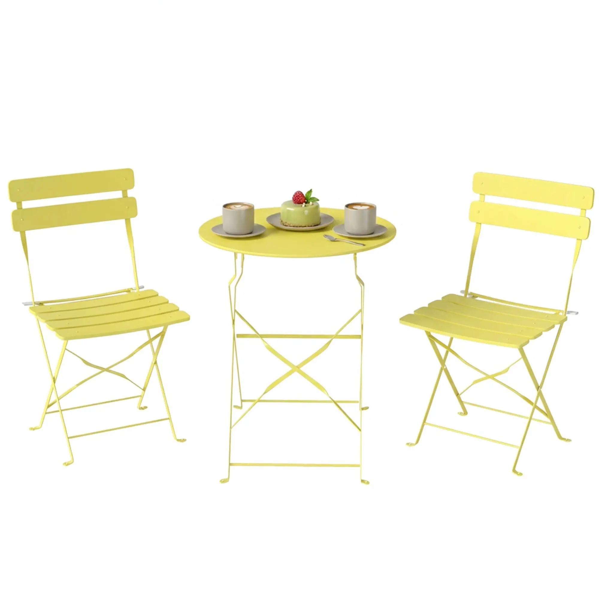 3-Piece Folding Bistro Set — Yellow Metal Bistro Table & 2 Folding Chairs, Rust-Resistant Outdoor Balcony Set