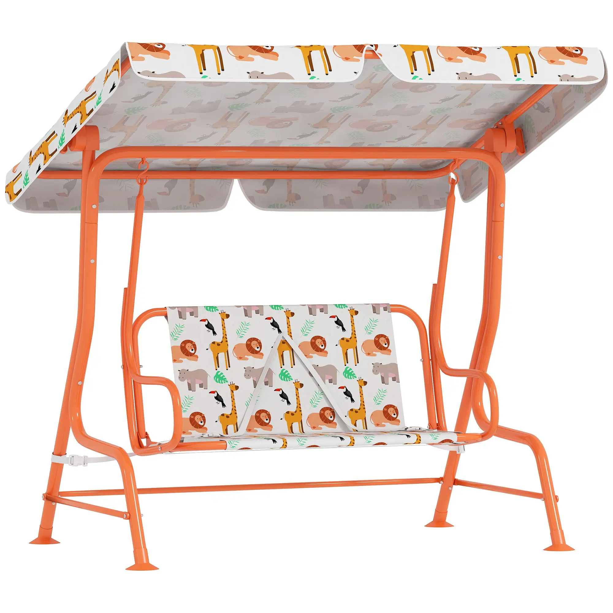 2-Seat Outdoor Kids Swing with Adjustable Sun Canopy and Safety Belts, Steel Frame & Oxford Fabric — Max 60 kg (132 lb), 112 x 75 x 120 cm (44.1 x 29.5 x 47.2 in), Orange