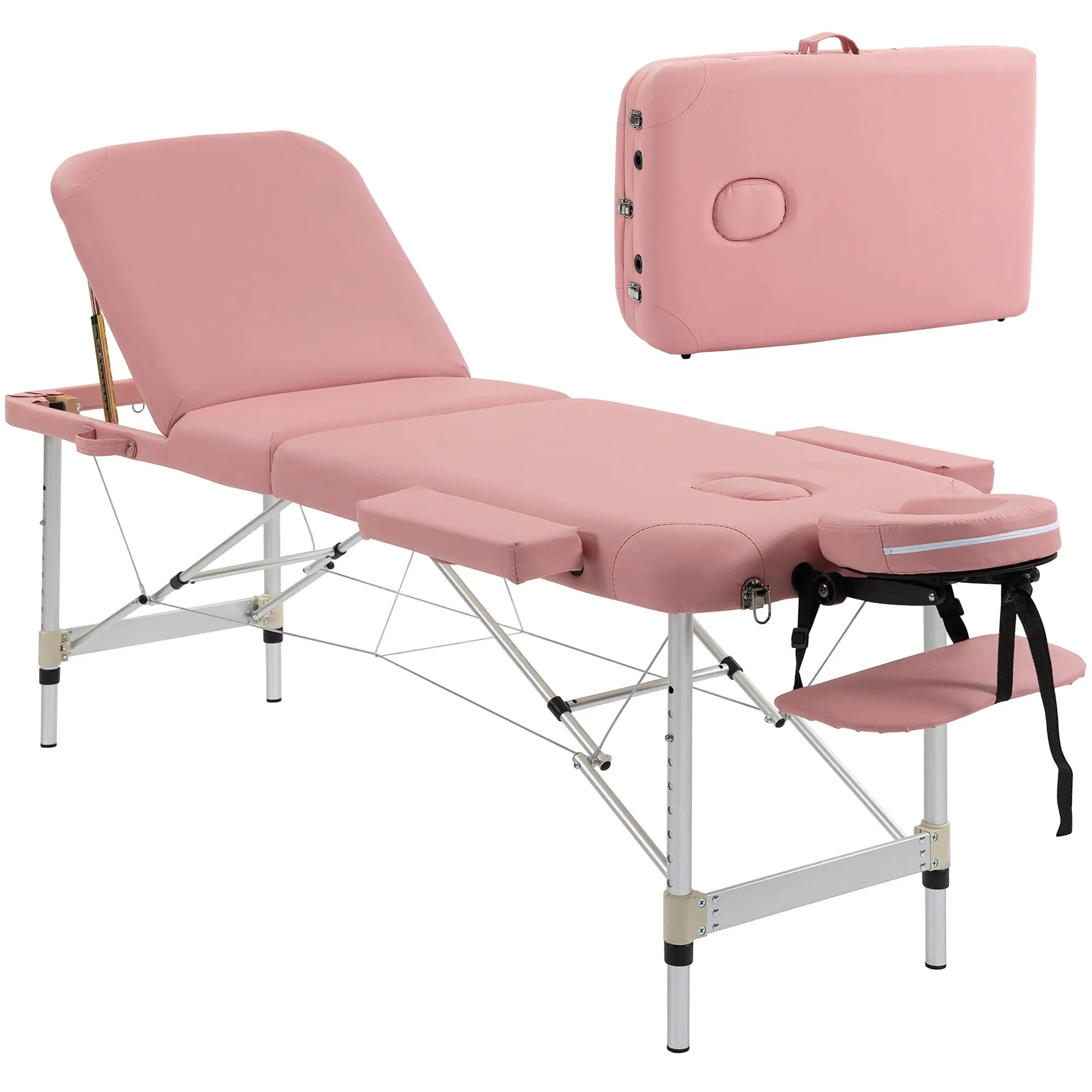 Portable Folding Massage Table – 3-Zone Aluminum Professional Spa Bed, 9-Position Height, Removable Headrest & Armrests, Carry Bag, 85 x 32 in, Pink