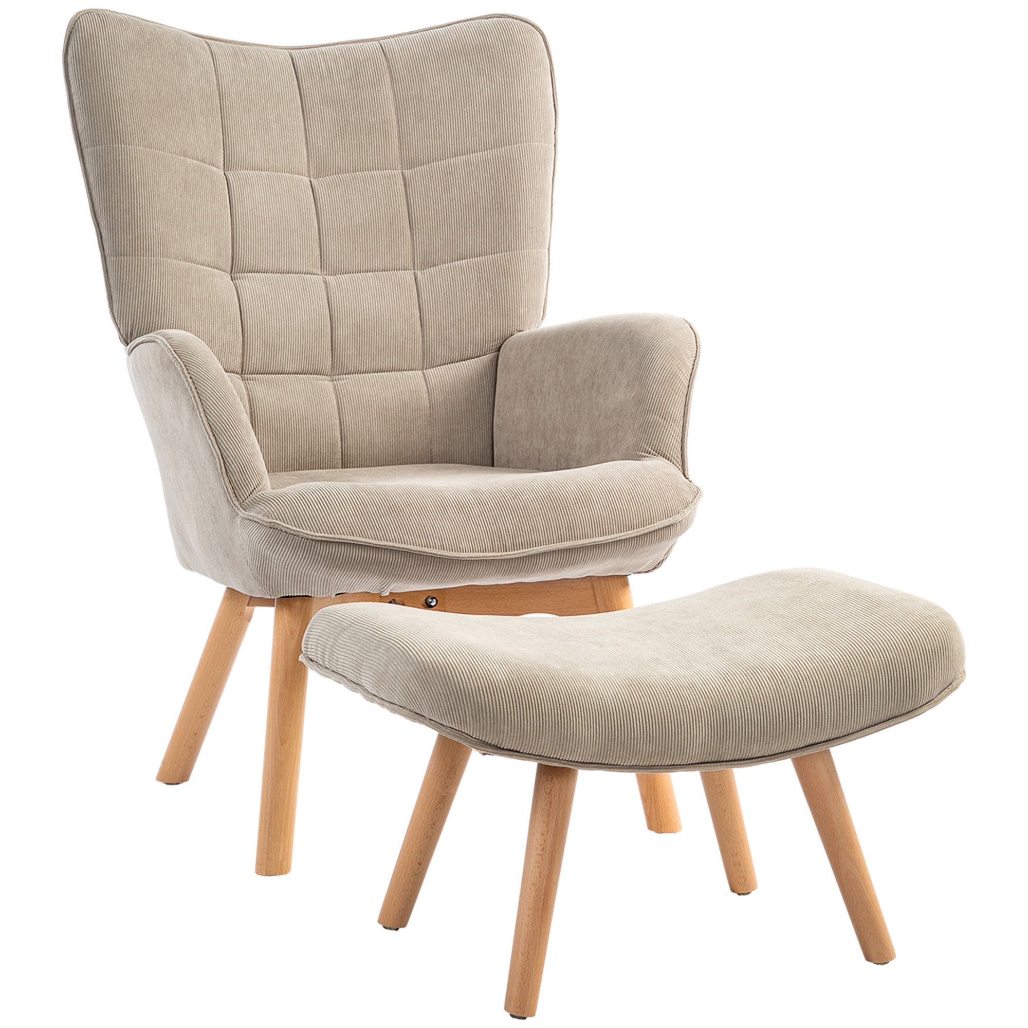 Armchair with Ottoman, Wingback Lounge Chair with High Backrest, Tufted Corduroy Fabric, Wooden Legs, Comfortable Accent Chair Set for Living Room & Bedroom, Light Brown