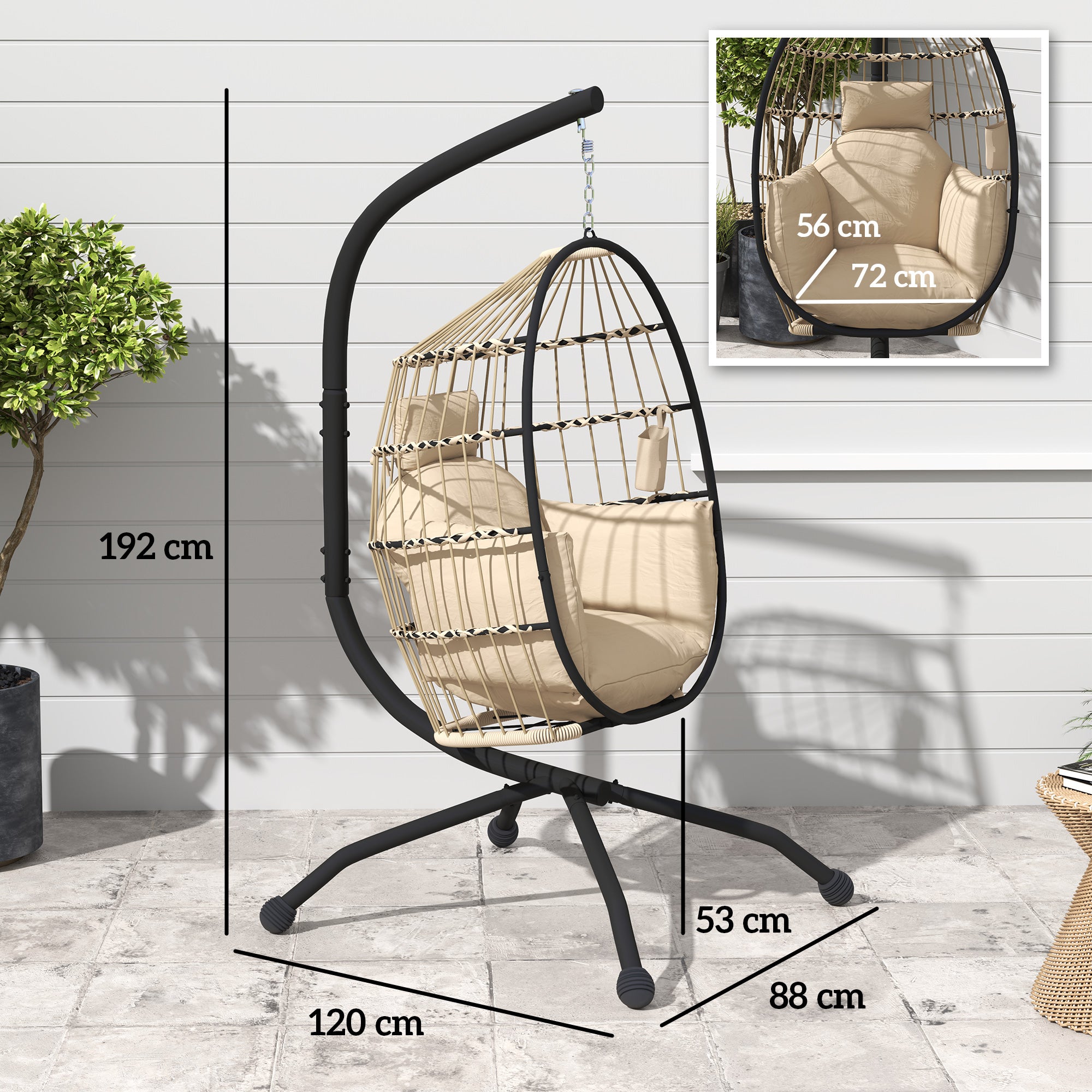 Outsunny Hängehängesessel, Hängesessel im Ei-Design, Hängeschaukel - Zusammenklappbarer Korb, Gepolstertes Kissen, Becherhalter, Kopfkissen, für Innen und Außen, Khaki