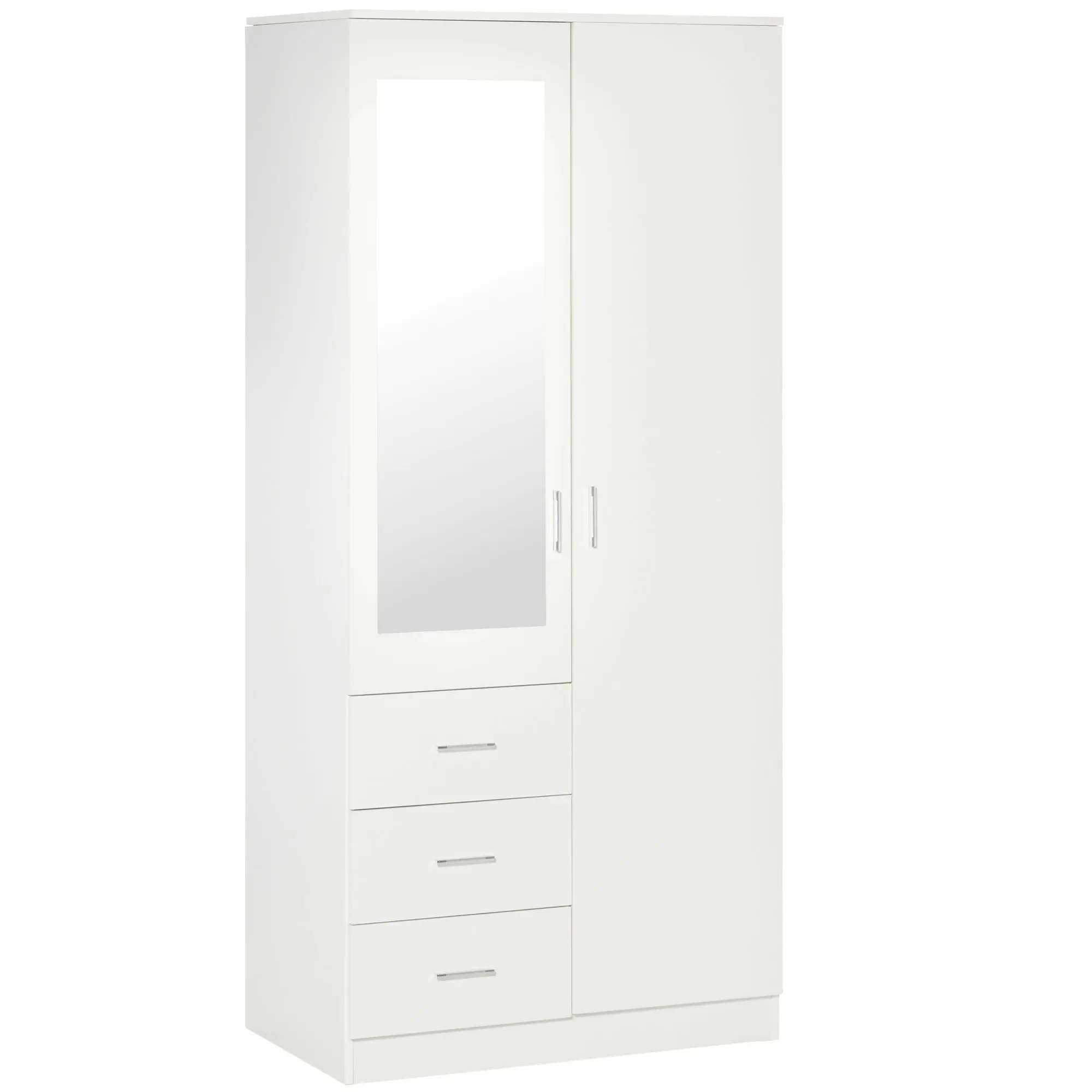 Wardrobe Closet with 2 Doors, Mirror, 3 Drawers, Adjustable Shelves, and Hanging Rod Included, Bedroom Furniture 80x50x180 cm White