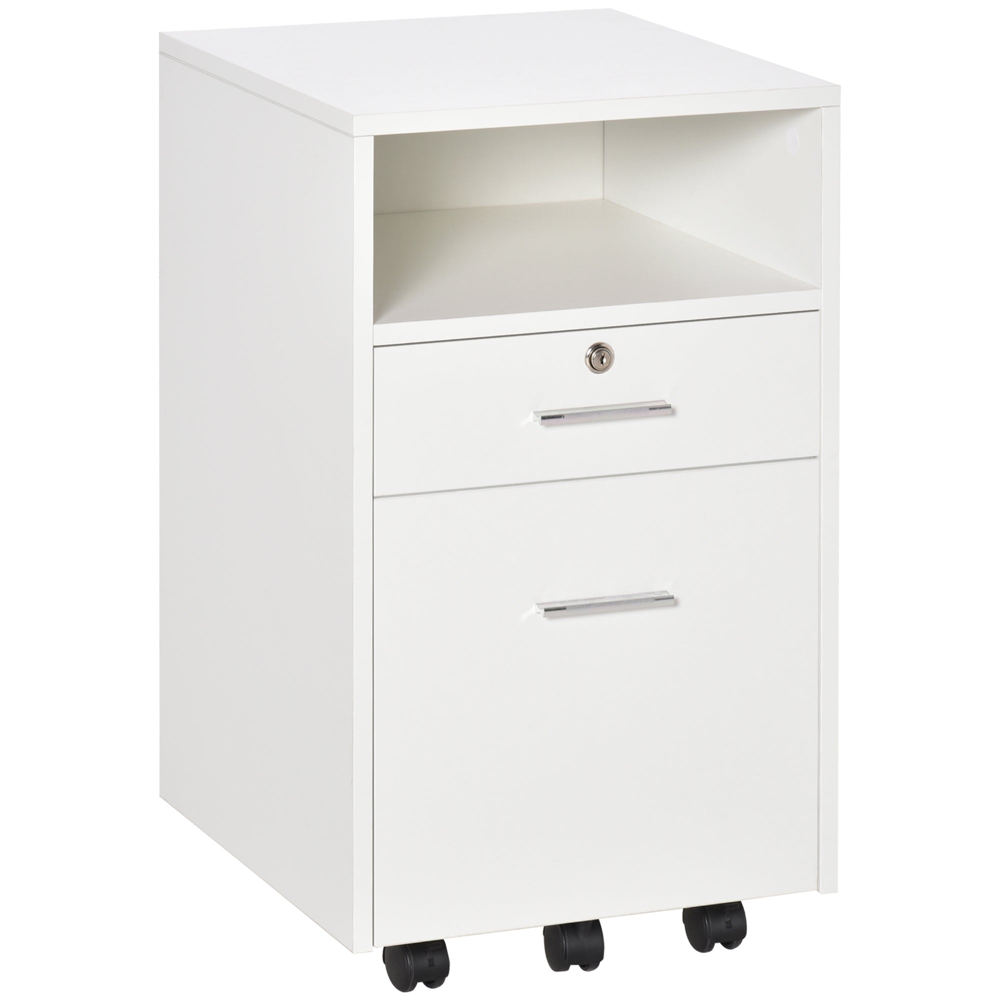 Office Filing Cabinet with 2 Drawers and Open Shelf, Wooden Office Furniture with 5 Wheels, Lock and 2 Keys, 39x40x65 cm, White