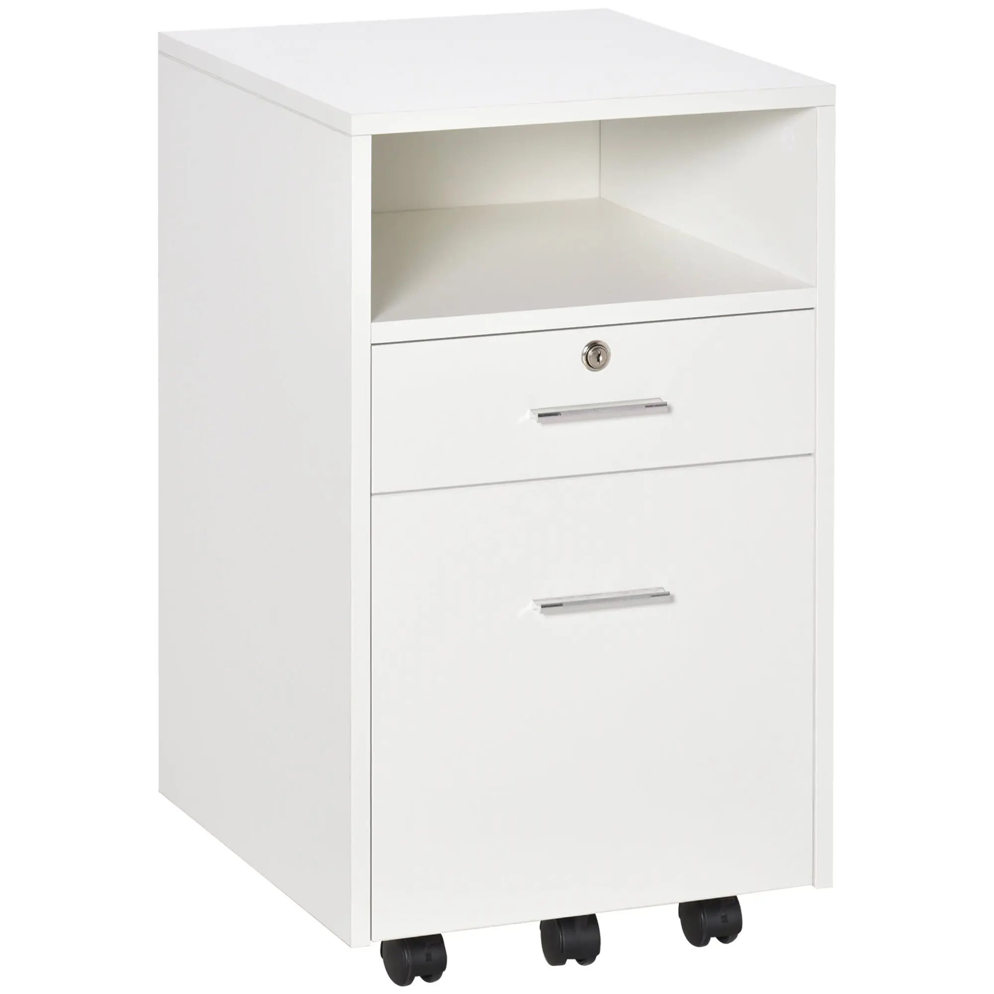 Office Filing Cabinet with 2 Drawers and Open Shelf, Wooden Office Furniture with 5 Wheels, Lock and 2 Keys, 39x40x65 cm, White