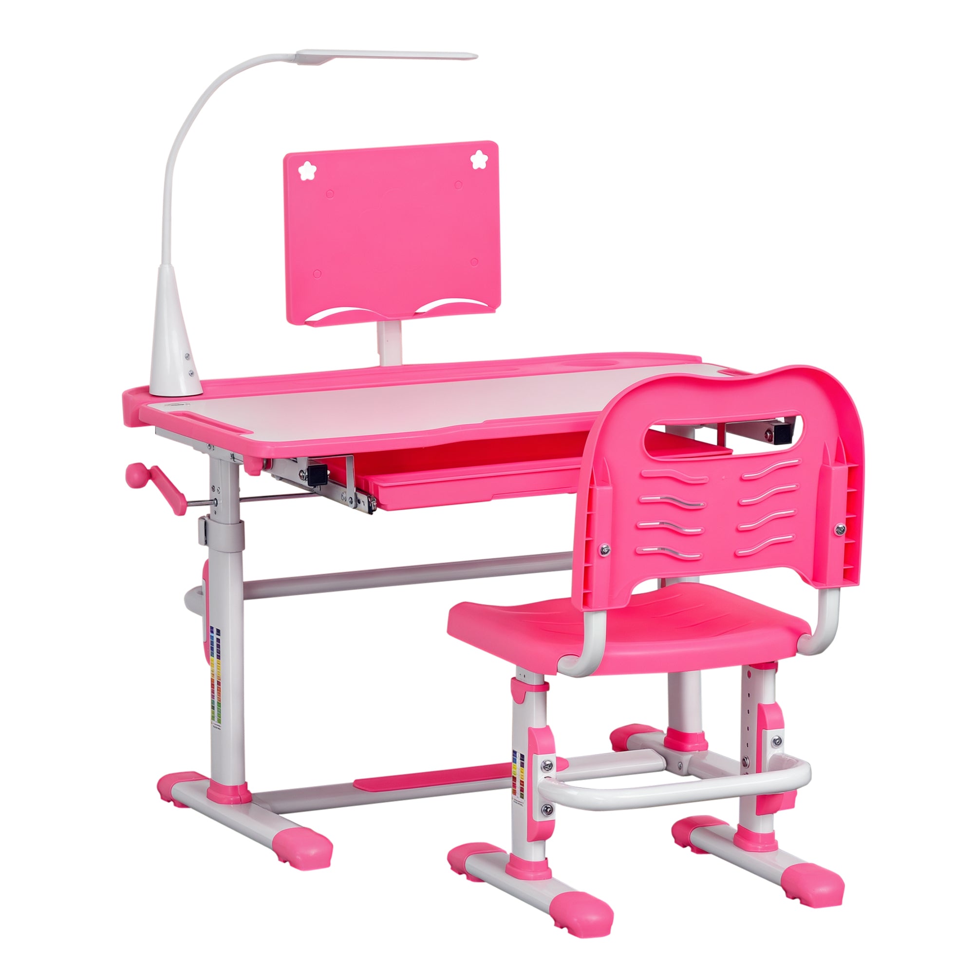Kids Desk and Chair Set for +6 Years Old Children Adjustable Desk Tilted Table Lamp LED and Pencil Holder 80x49.5x82-104 cm and 35.5x43.5x63-73 cm Pink